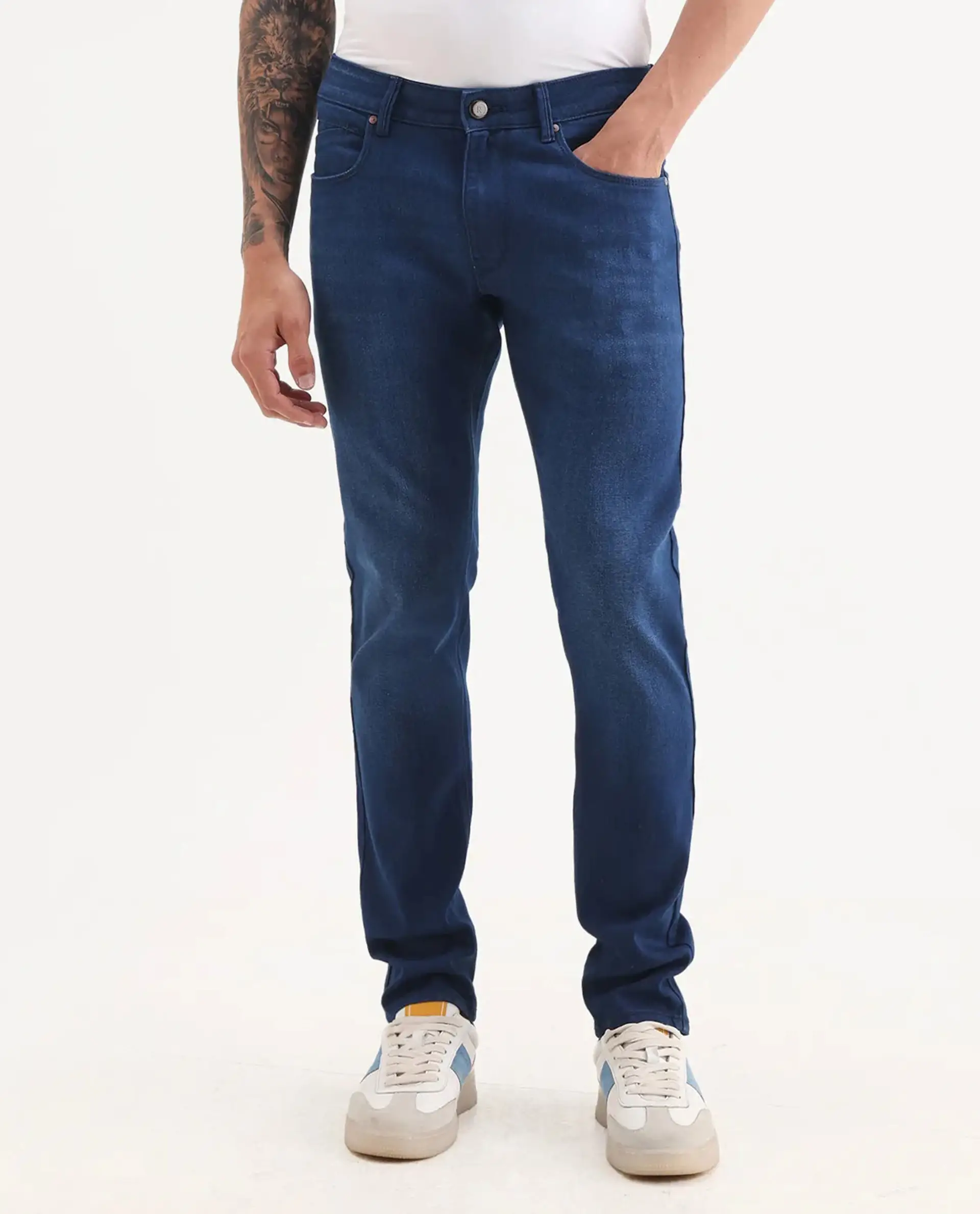 Rare Rabbit Men's River Blue Cotton Blend Fabric Hawk Slim Fit Plain Jeans - Image 8