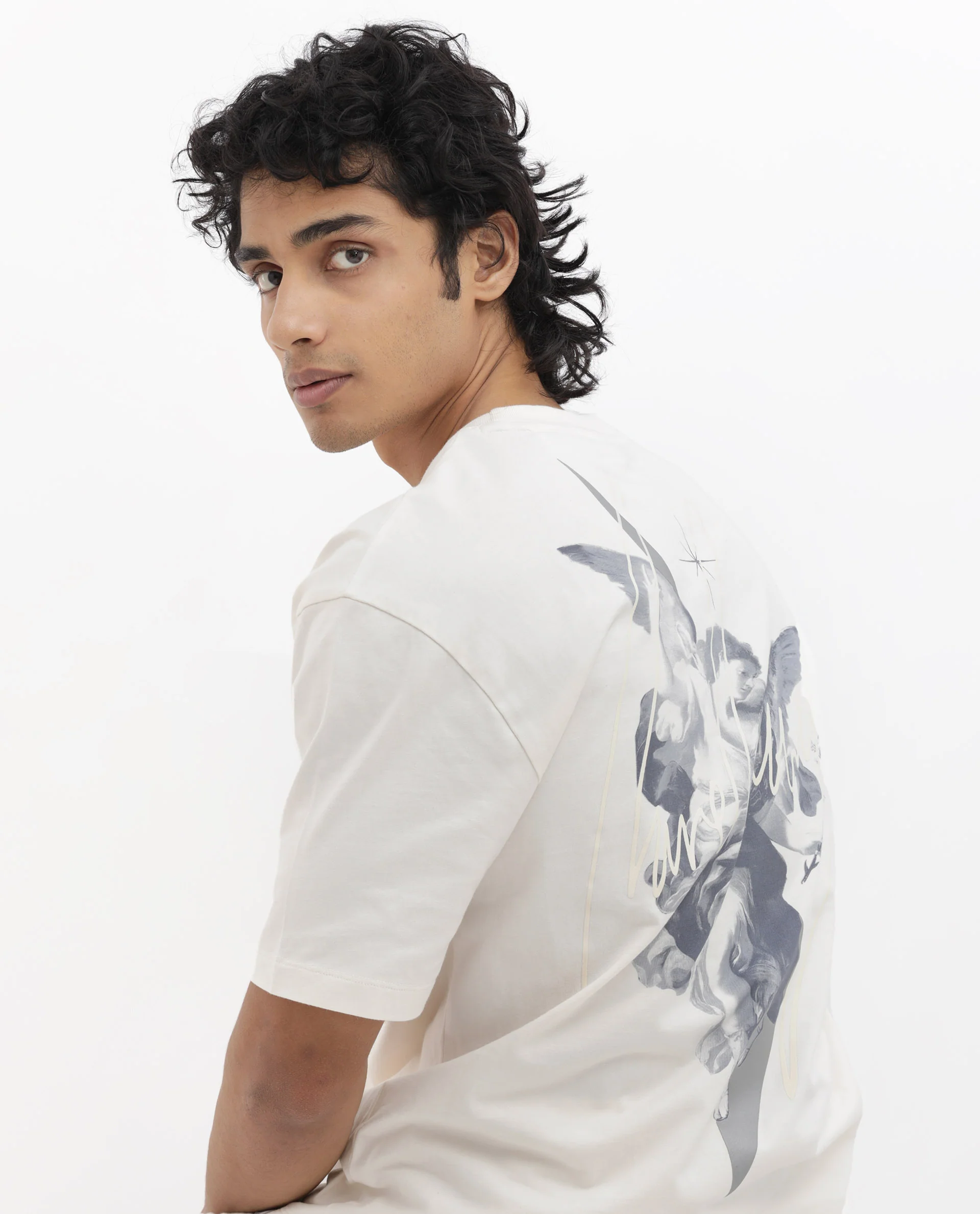 Rare Rabbit Articale Men's River Off White Cotton Polyester Fabric Crew Neck Oversized Fit Graphic Print T-Shirt - Image 4