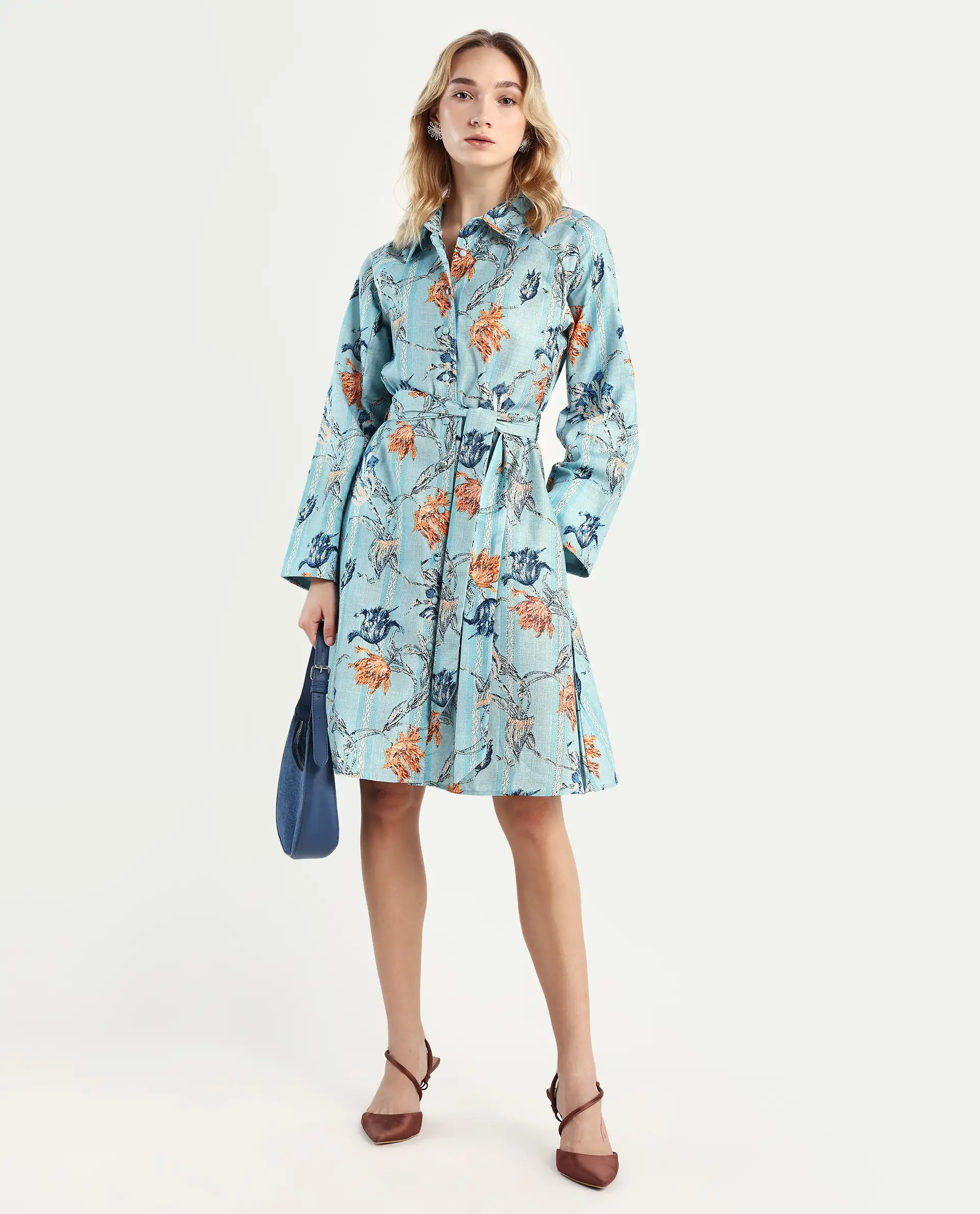 Rareism Women's Riveria Dusky Blue Polyester Spread Collar Floral Print Raglan Sleeve Knee Length A-Line Dress - Image 2