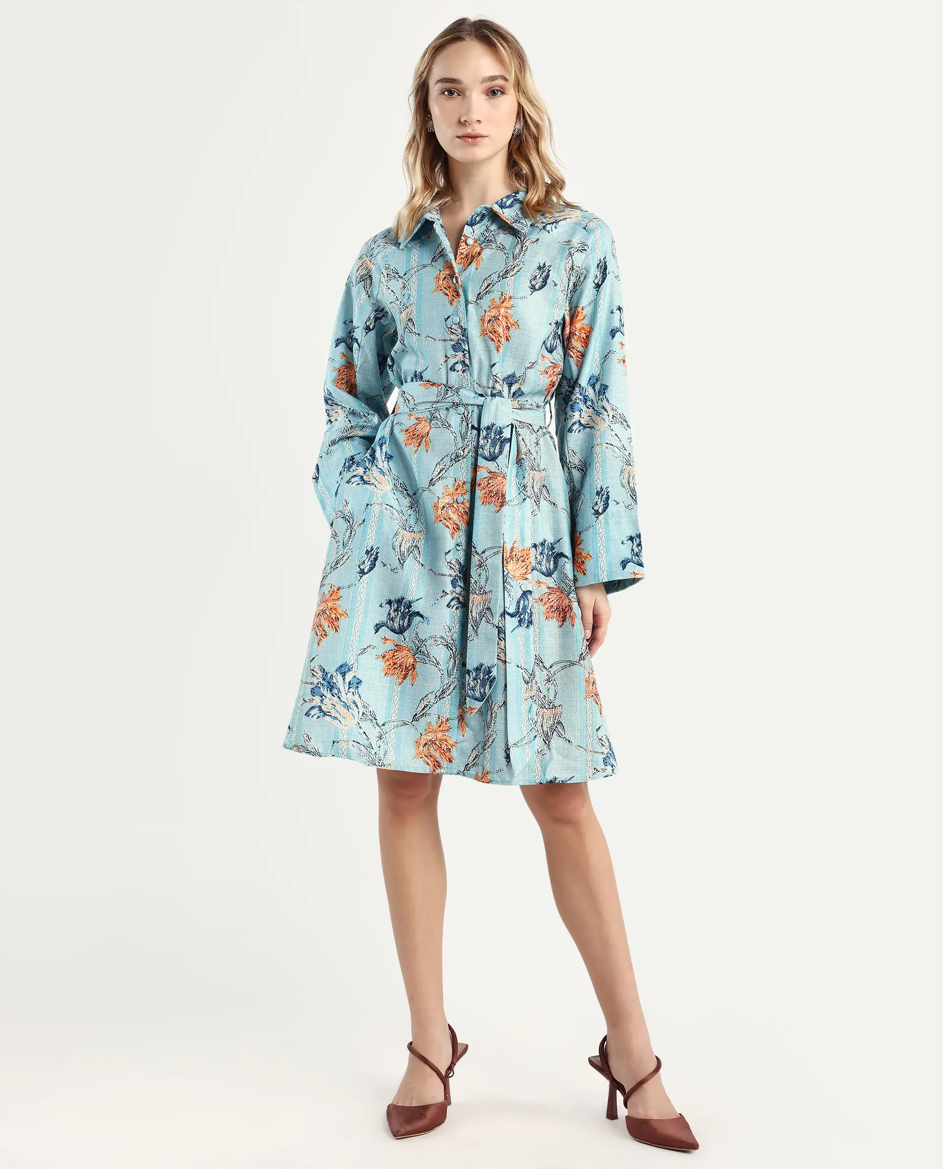 Rareism Women's Riveria Dusky Blue Polyester Spread Collar Floral Print Raglan Sleeve Knee Length A-Line Dress - Image 3