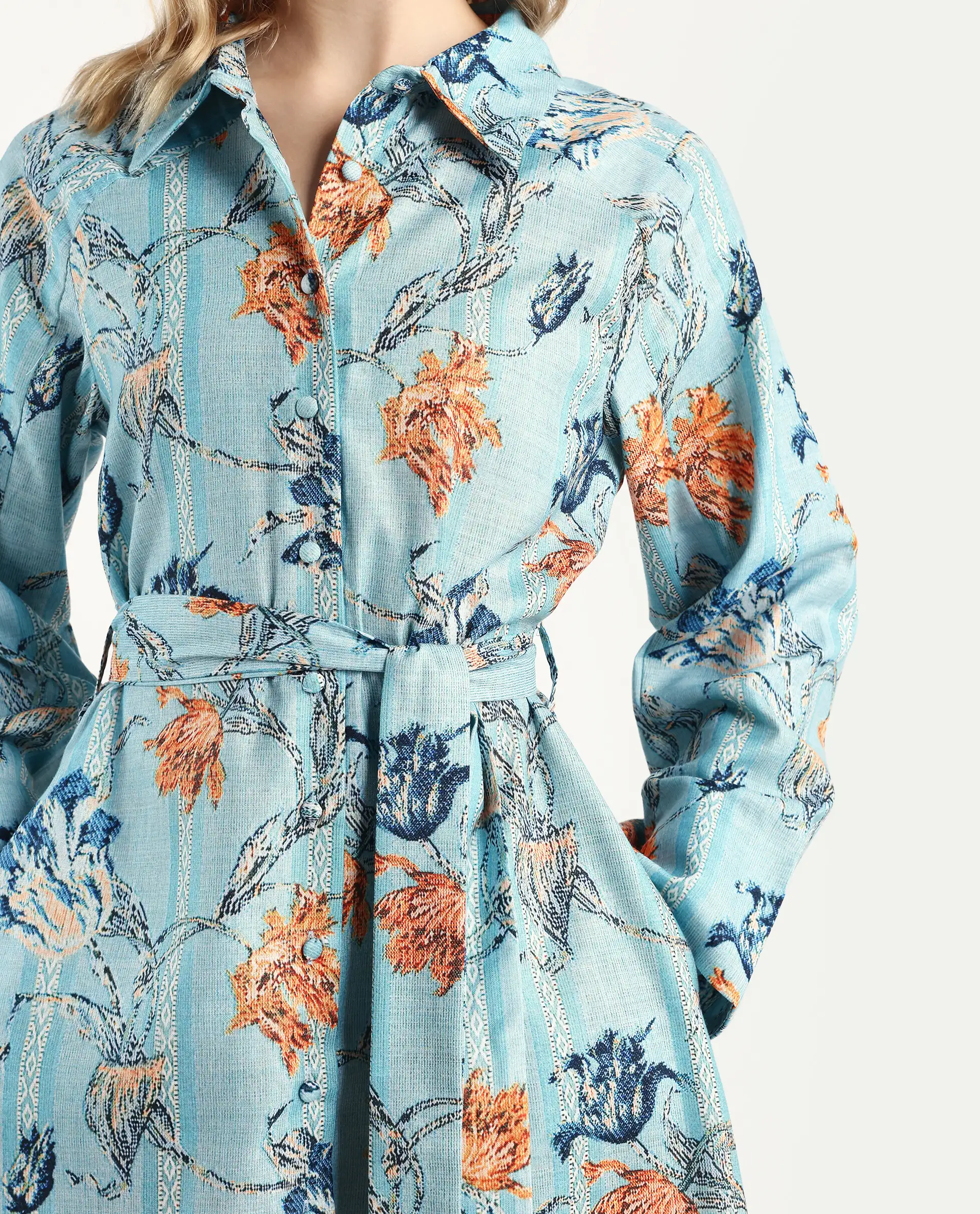 Rareism Women's Riveria Dusky Blue Polyester Spread Collar Floral Print Raglan Sleeve Knee Length A-Line Dress - Image 4