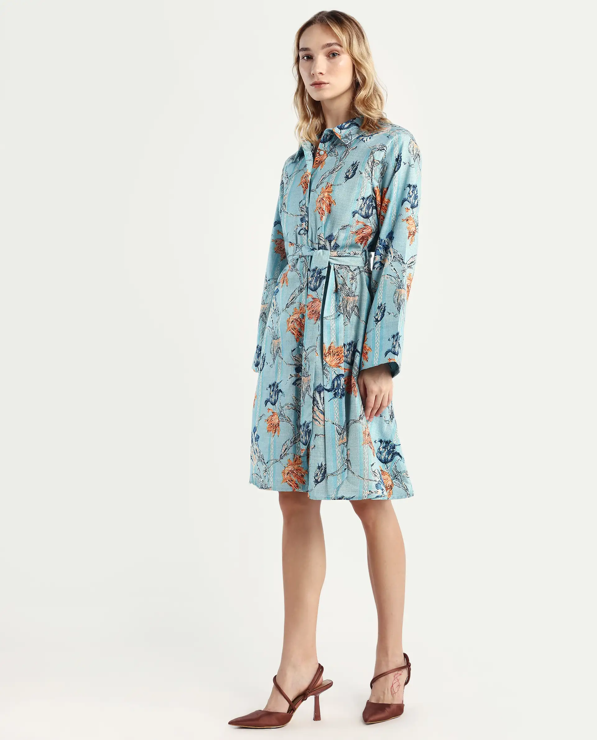 Rareism Women's Riveria Dusky Blue Polyester Spread Collar Floral Print Raglan Sleeve Knee Length A-Line Dress - Image 5