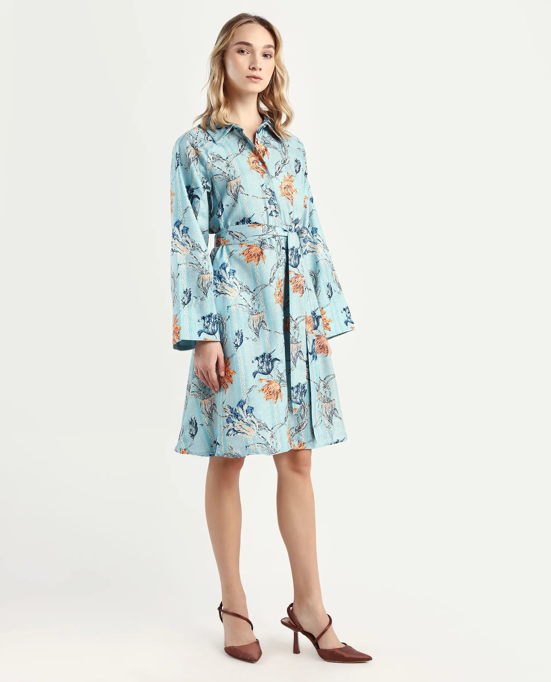 Rareism Women's Riveria Dusky Blue Polyester Spread Collar Floral Print Raglan Sleeve Knee Length A-Line Dress - Image 6