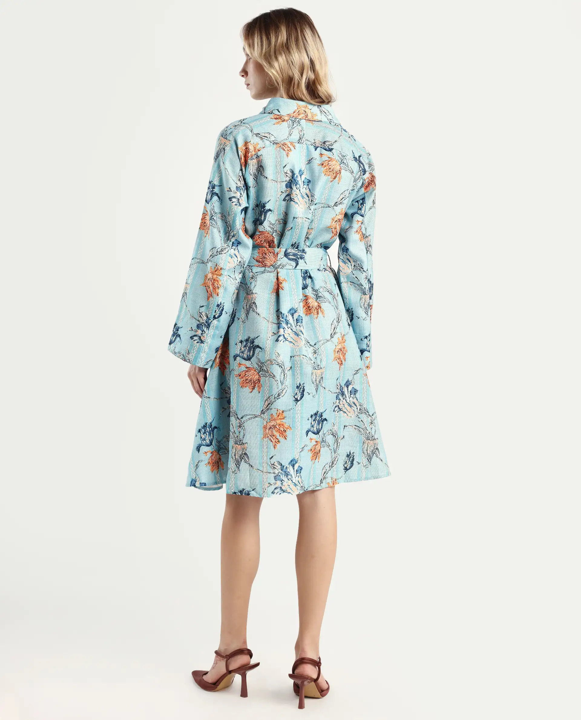 Rareism Women's Riveria Dusky Blue Polyester Spread Collar Floral Print Raglan Sleeve Knee Length A-Line Dress - Image 7