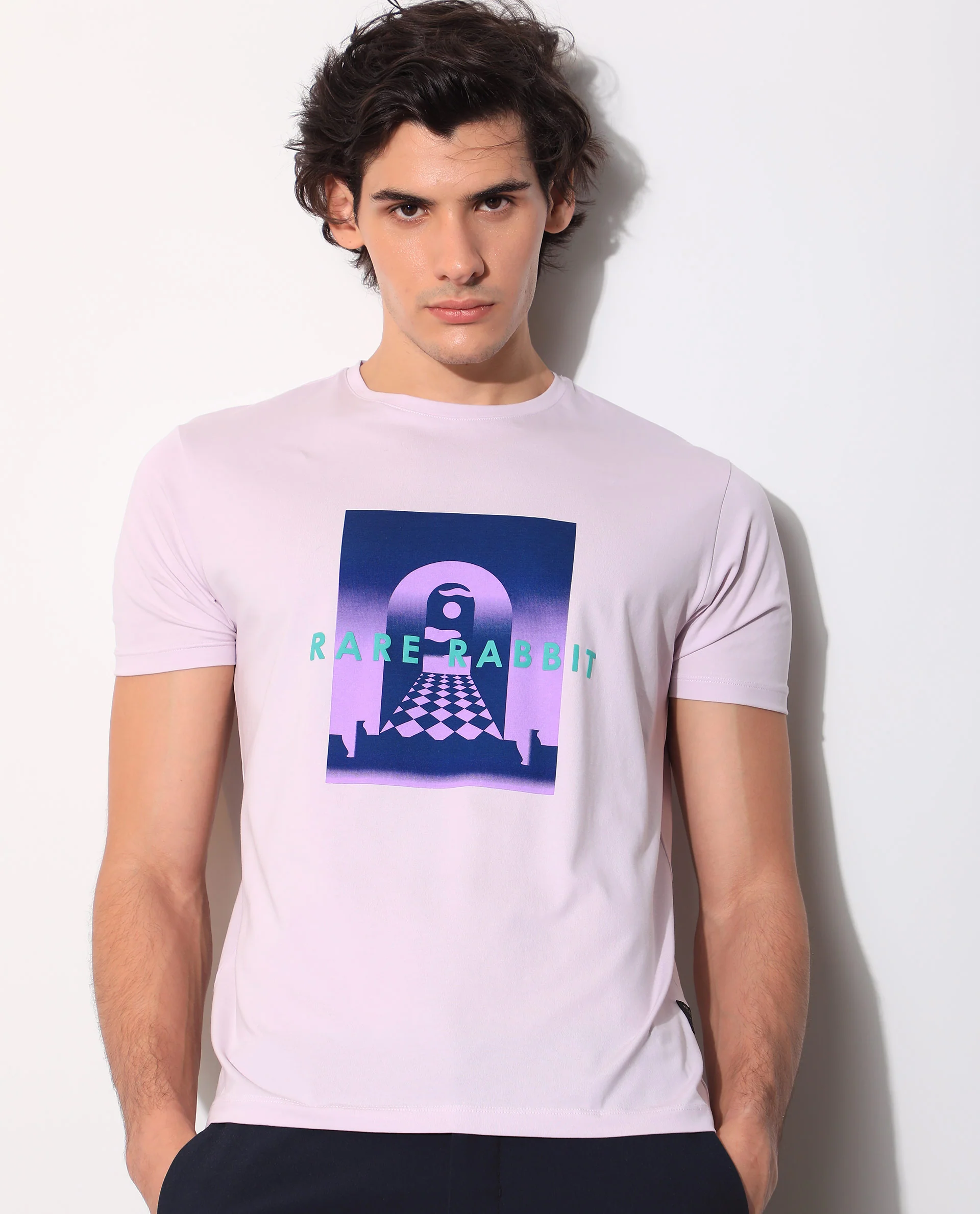 Rare Rabbit Men's Rives Pastel Purple Cotton Graphic Print Slim Fit Half Sleeve Crew Neck T-Shirt