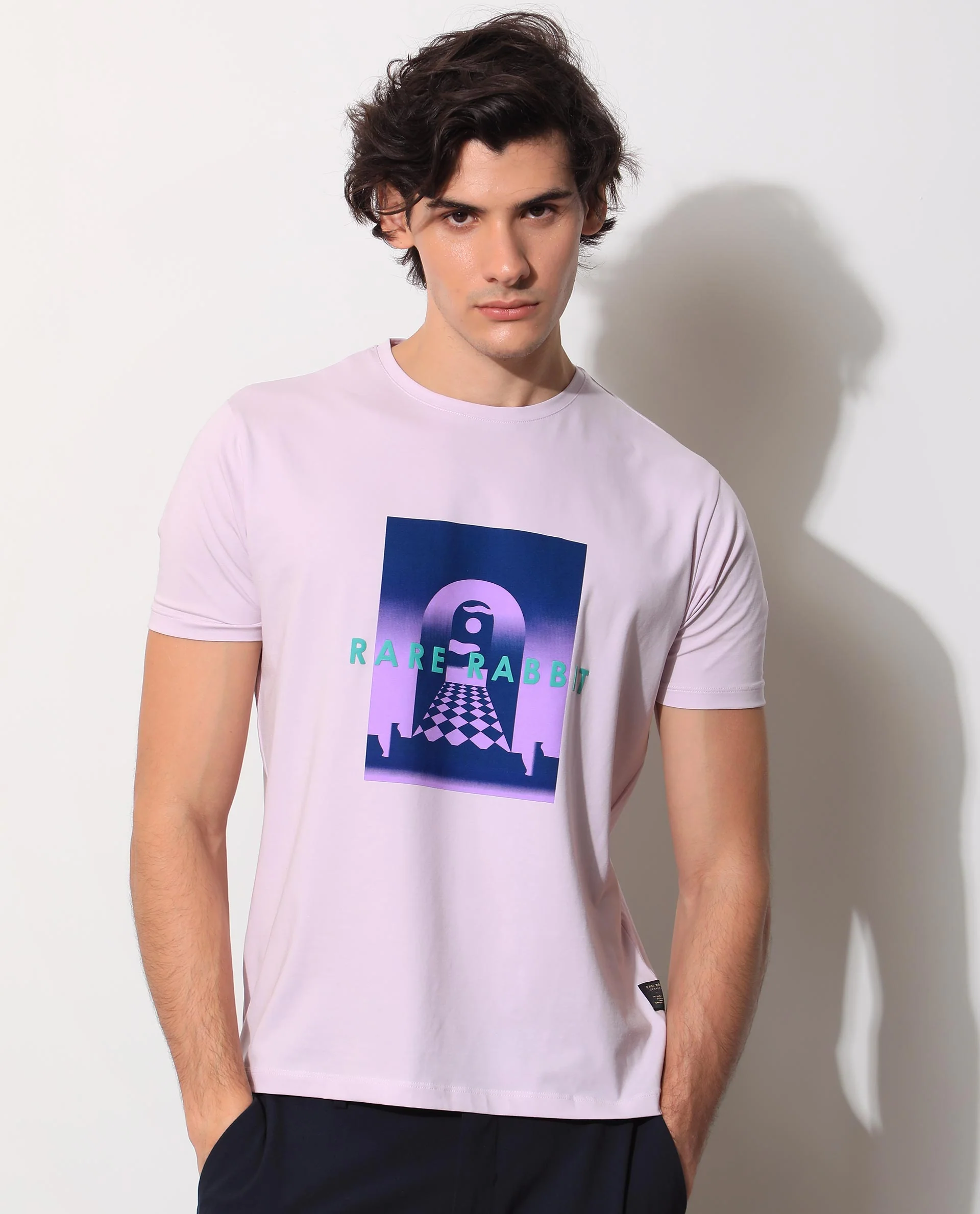 Rare Rabbit Men's Rives Pastel Purple Cotton Graphic Print Slim Fit Half Sleeve Crew Neck T-Shirt - Image 4