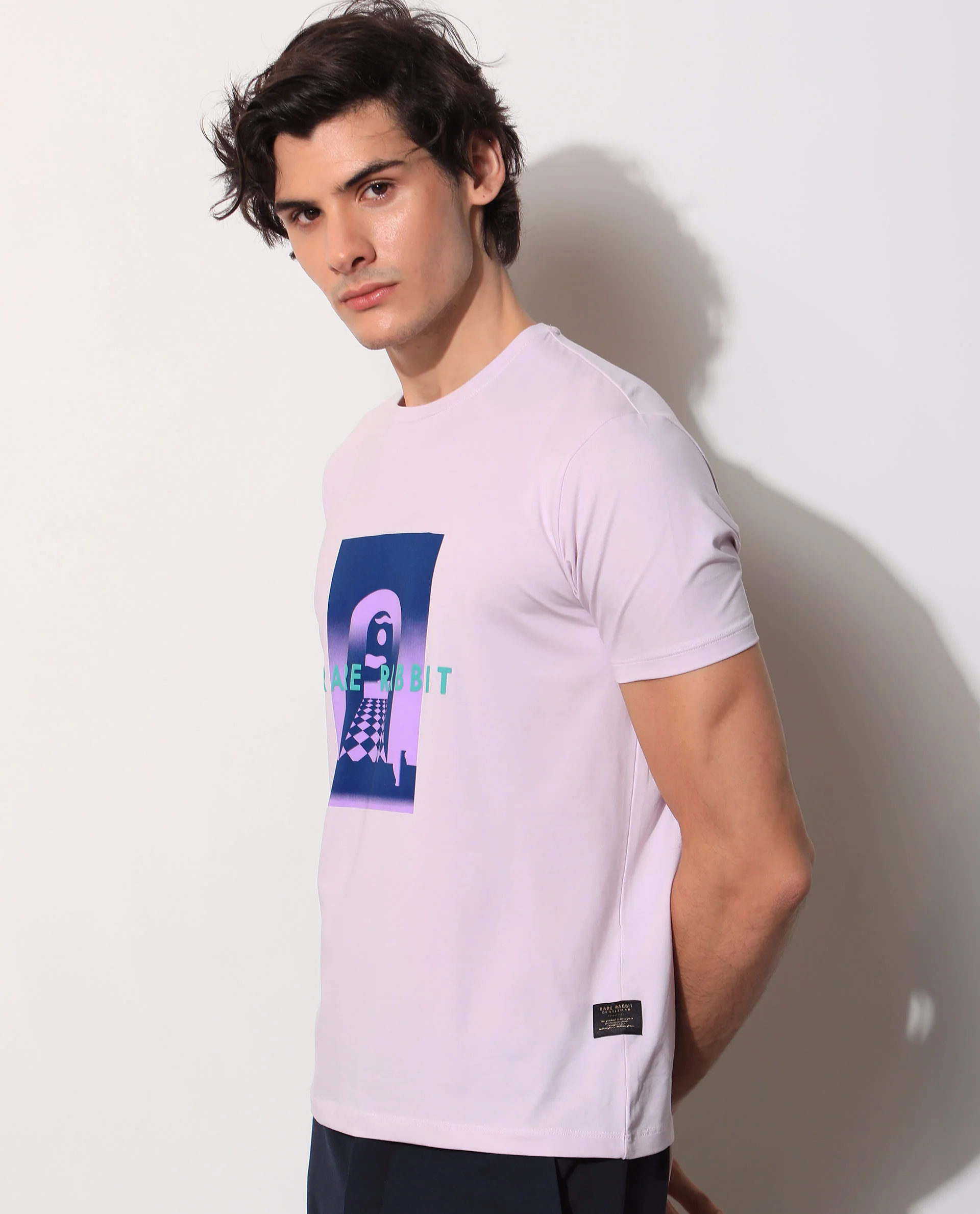 Rare Rabbit Men's Rives Pastel Purple Cotton Graphic Print Slim Fit Half Sleeve Crew Neck T-Shirt - Image 7