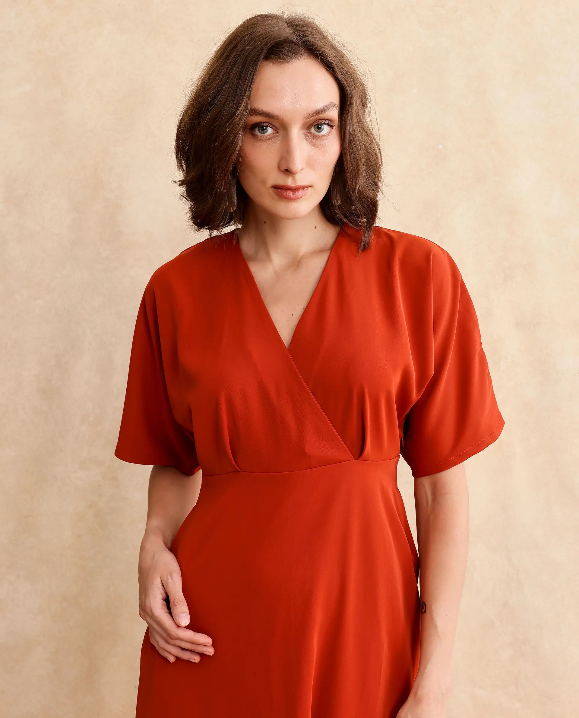 Rareism Women's Rivez Rust Cotton Overlap Neck Plain Extended Sleeves Midi Flared Dress - Image 2