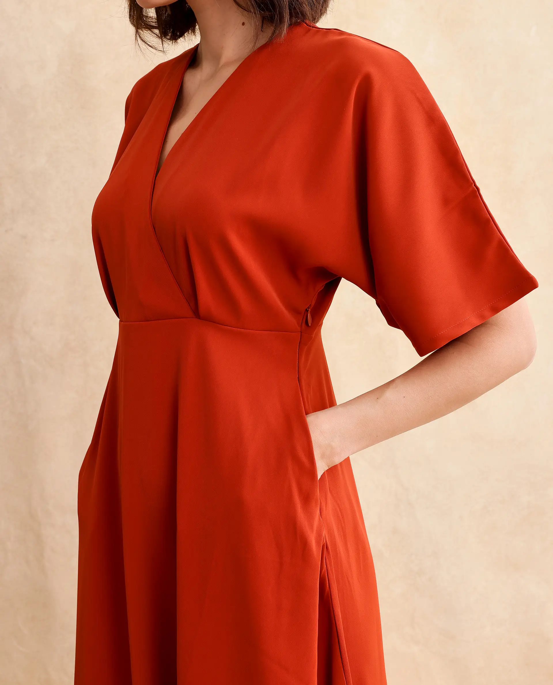 Rareism Women's Rivez Rust Cotton Overlap Neck Plain Extended Sleeves Midi Flared Dress - Image 4