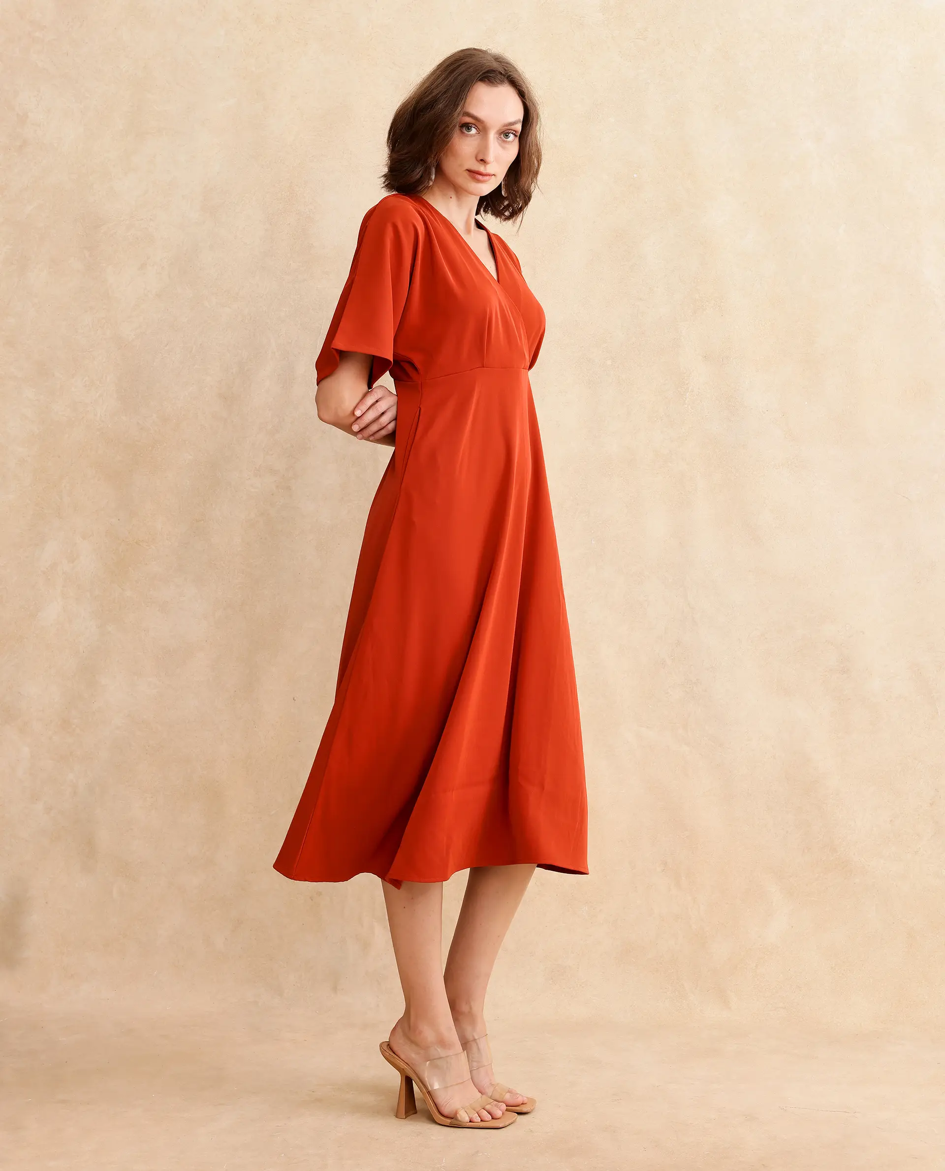 Rareism Women's Rivez Rust Cotton Overlap Neck Plain Extended Sleeves Midi Flared Dress - Image 5