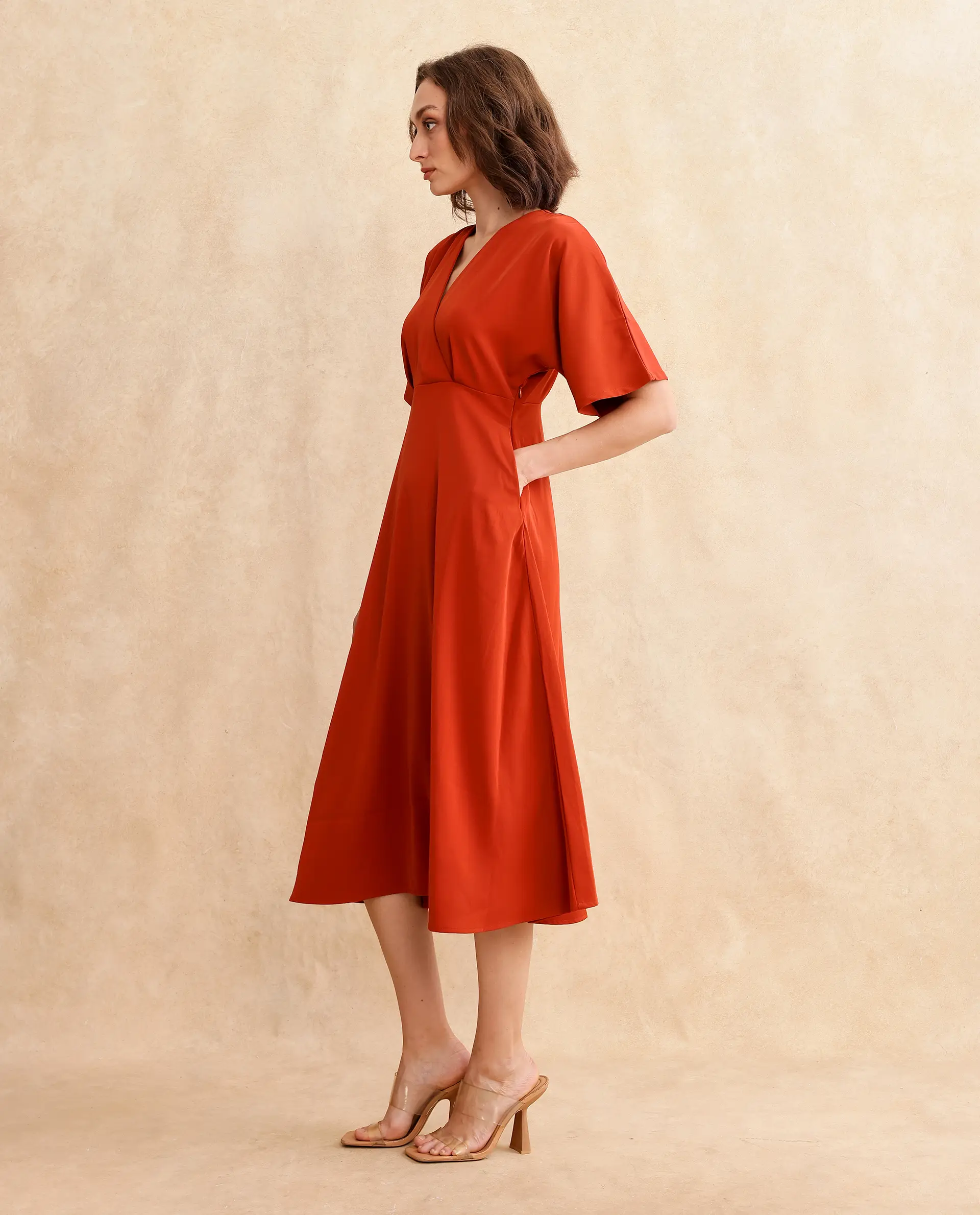 Rareism Women's Rivez Rust Cotton Overlap Neck Plain Extended Sleeves Midi Flared Dress - Image 6