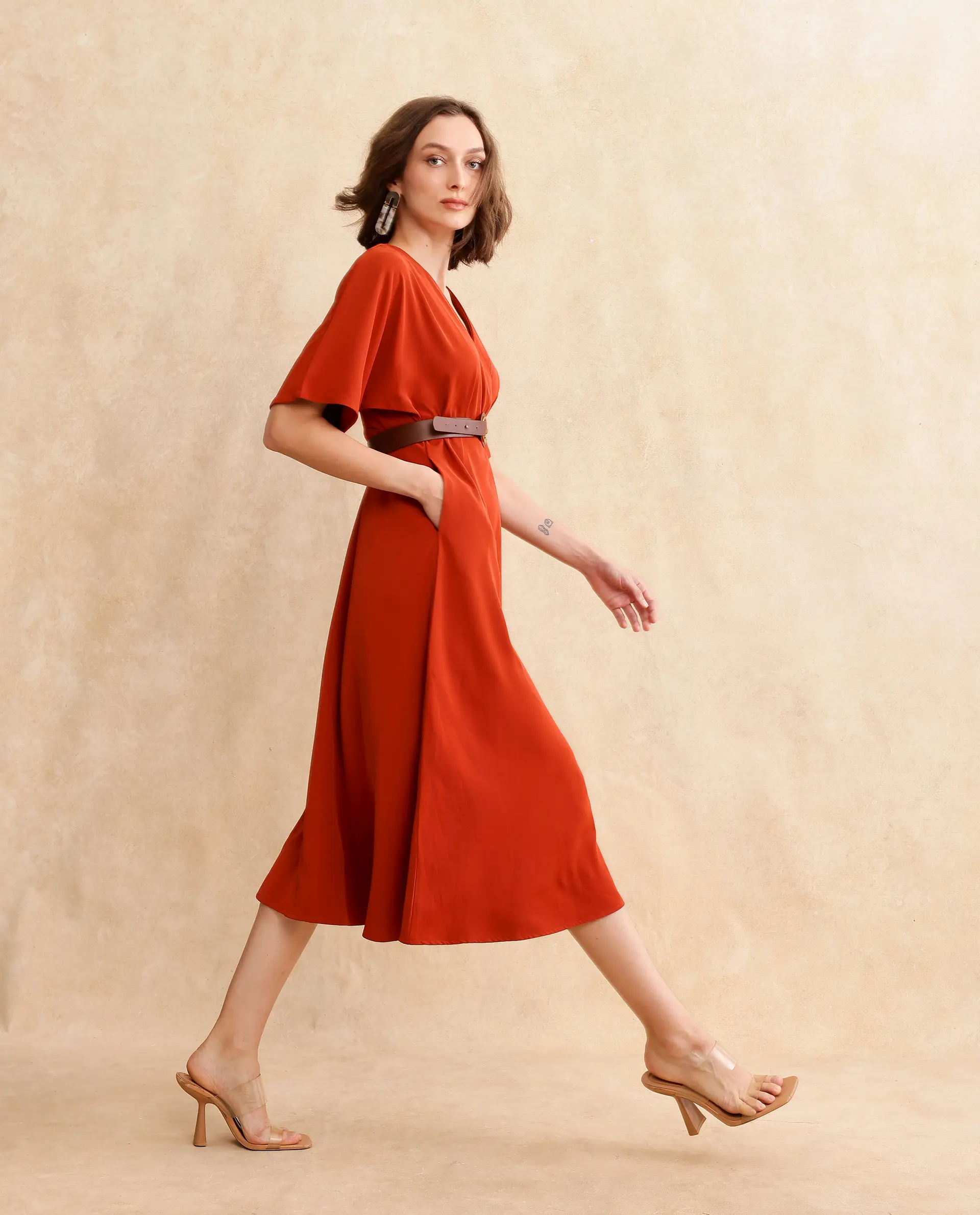 Rareism Women's Rivez Rust Cotton Overlap Neck Plain Extended Sleeves Midi Flared Dress - Image 7