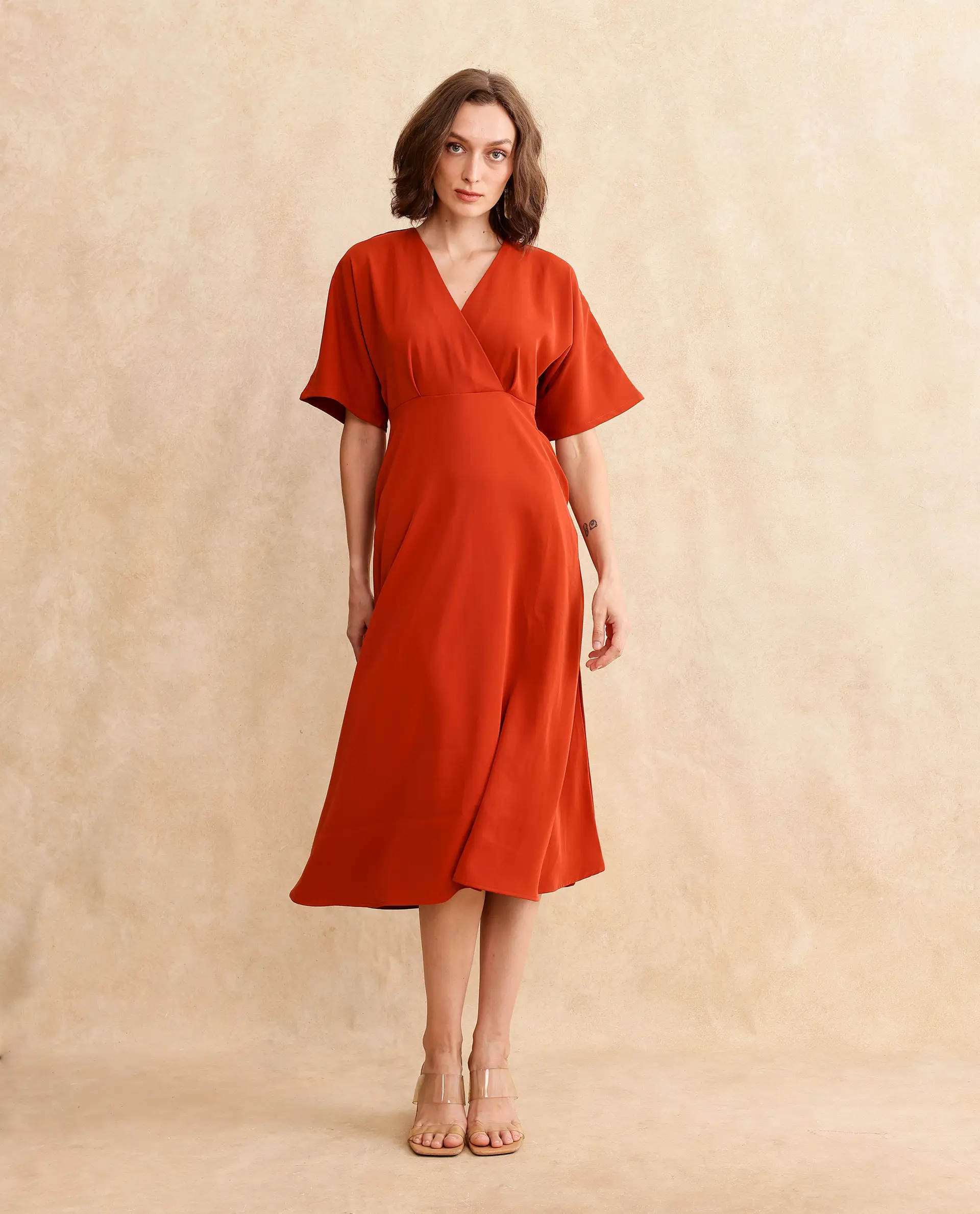 Rareism Women's Rivez Rust Cotton Overlap Neck Plain Extended Sleeves Midi Flared Dress - Image 8