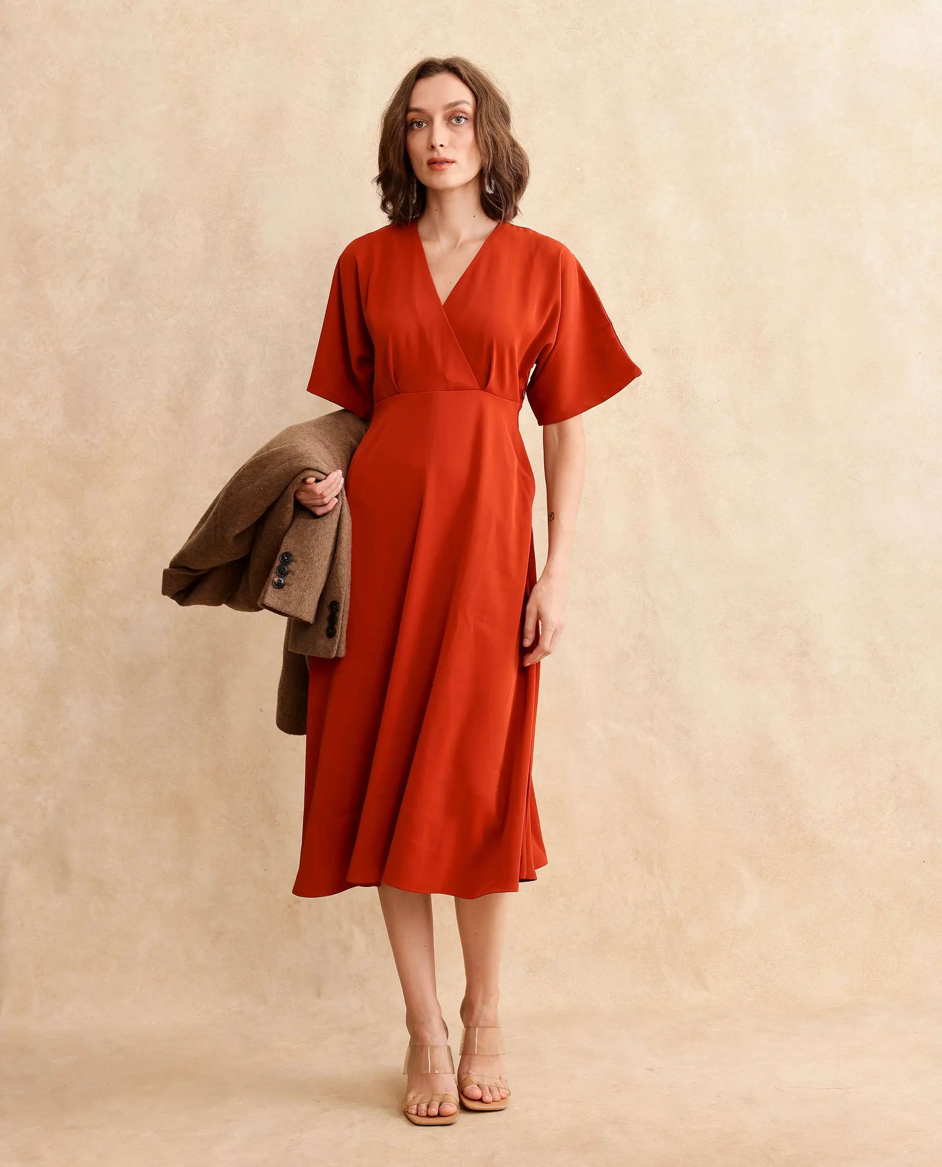 Rareism Women's Rivez Rust Cotton Overlap Neck Plain Extended Sleeves Midi Flared Dress - Image 9