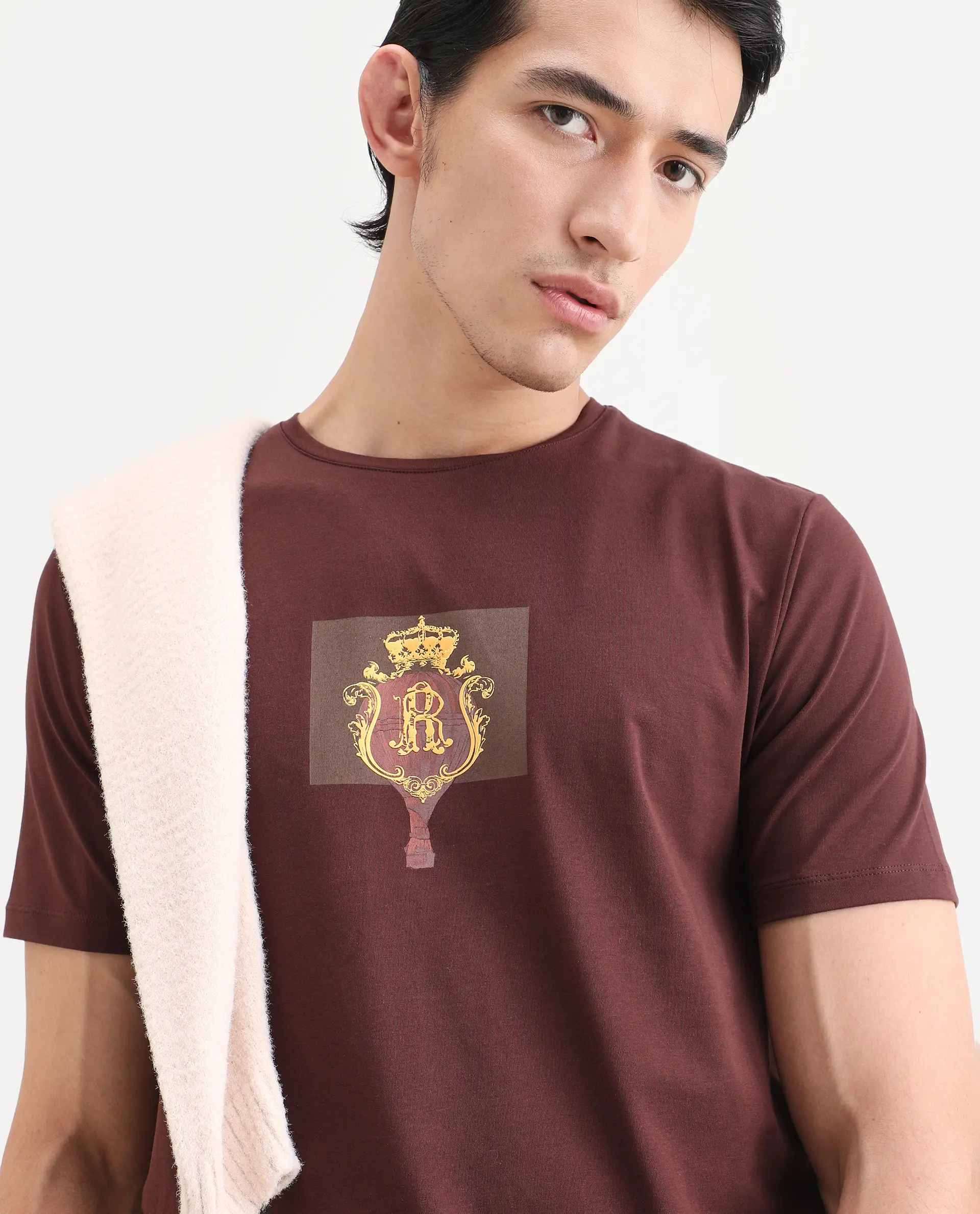 Rare Rabbit Men's Rivn Dusky Brown Cotton Blend Fabric Half Sleeve Crew Neck Regular Fit Graphic Print T-Shirt