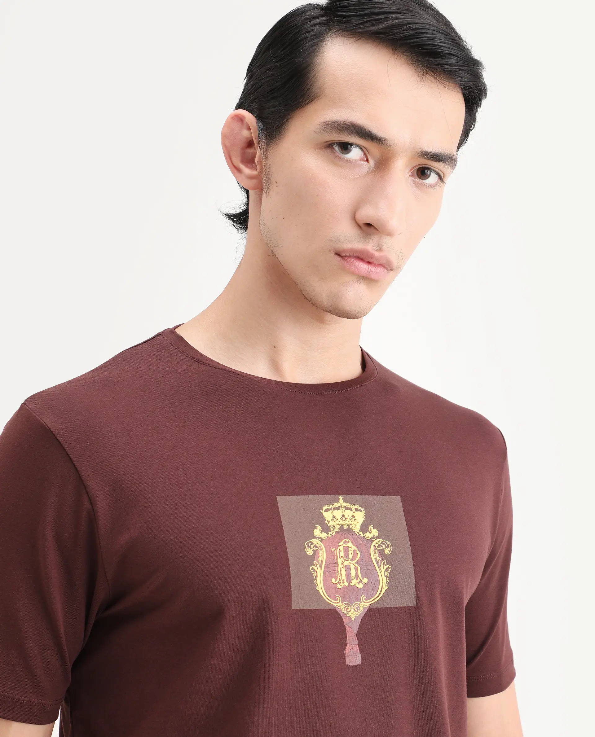 Rare Rabbit Men's Rivn Dusky Brown Cotton Blend Fabric Half Sleeve Crew Neck Regular Fit Graphic Print T-Shirt - Image 3