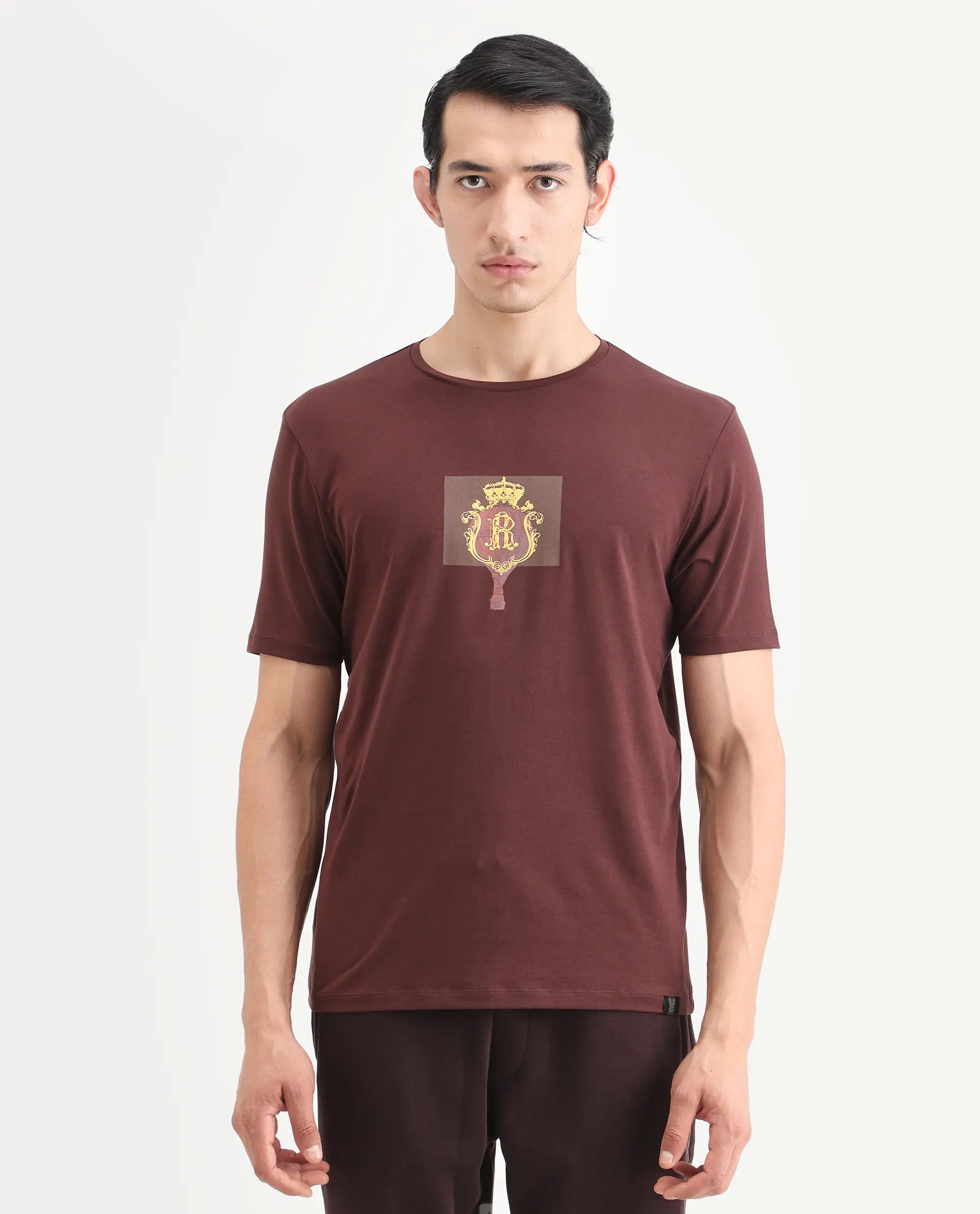 Rare Rabbit Men's Rivn Dusky Brown Cotton Blend Fabric Half Sleeve Crew Neck Regular Fit Graphic Print T-Shirt - Image 4