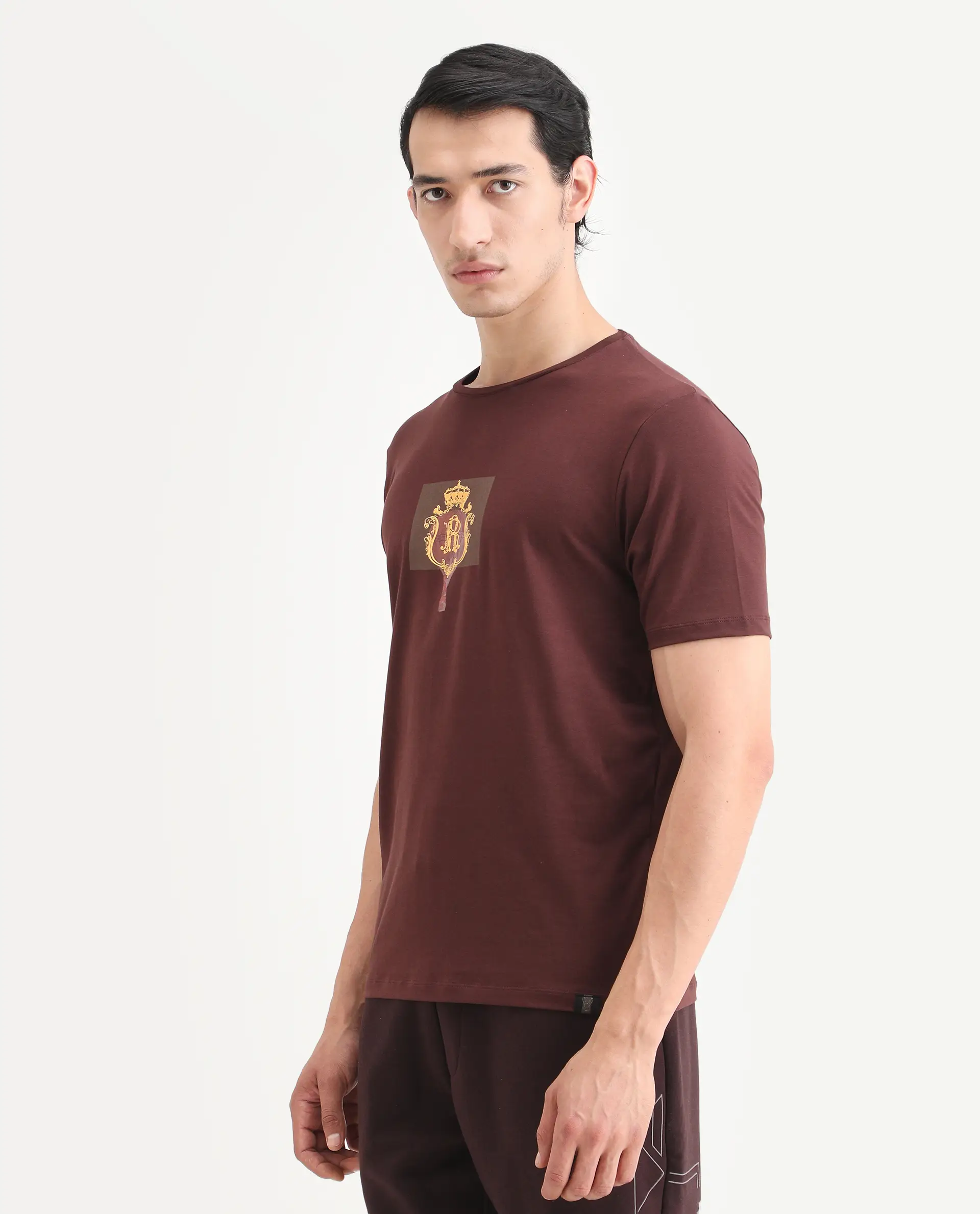 Rare Rabbit Men's Rivn Dusky Brown Cotton Blend Fabric Half Sleeve Crew Neck Regular Fit Graphic Print T-Shirt - Image 5