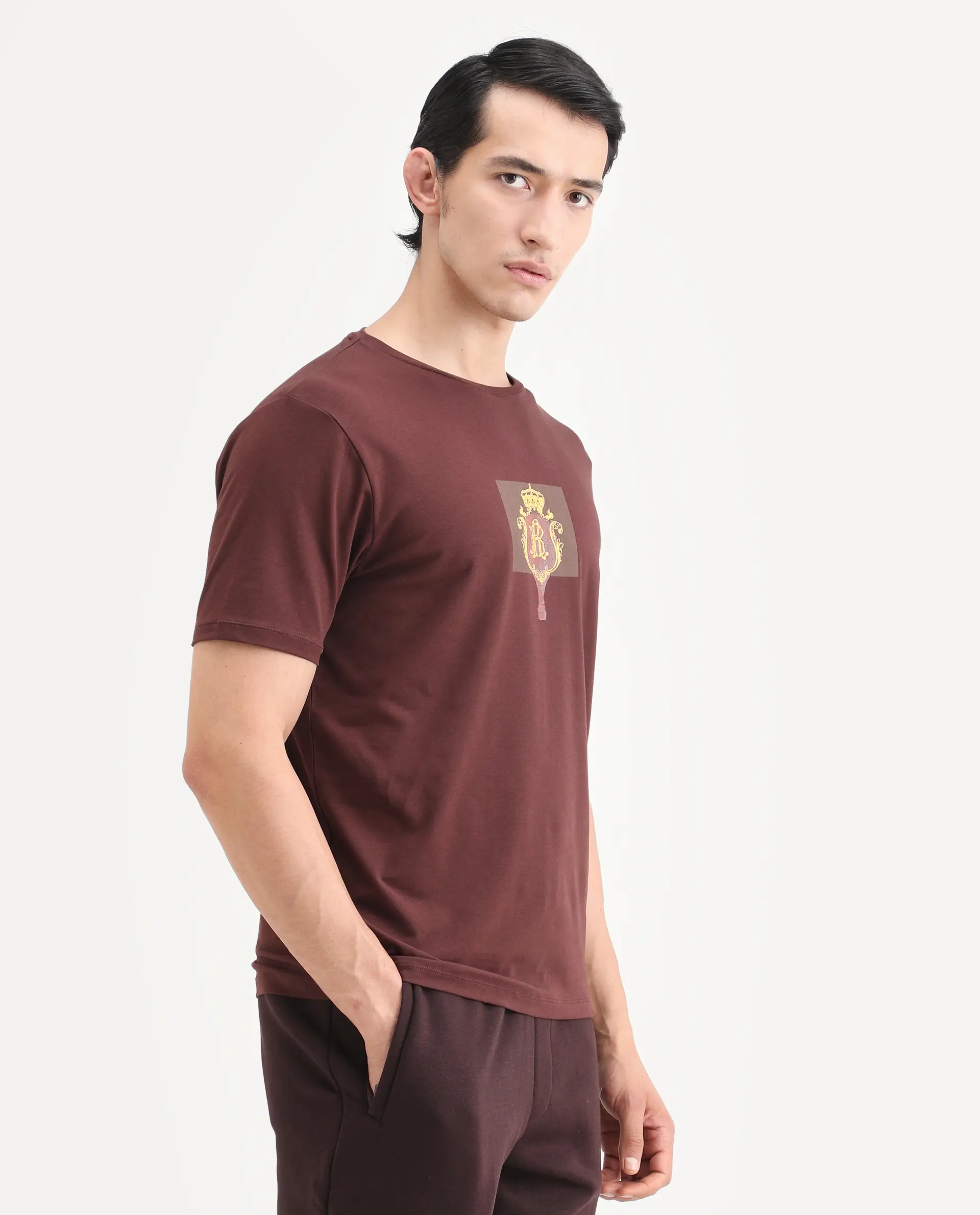 Rare Rabbit Men's Rivn Dusky Brown Cotton Blend Fabric Half Sleeve Crew Neck Regular Fit Graphic Print T-Shirt - Image 6