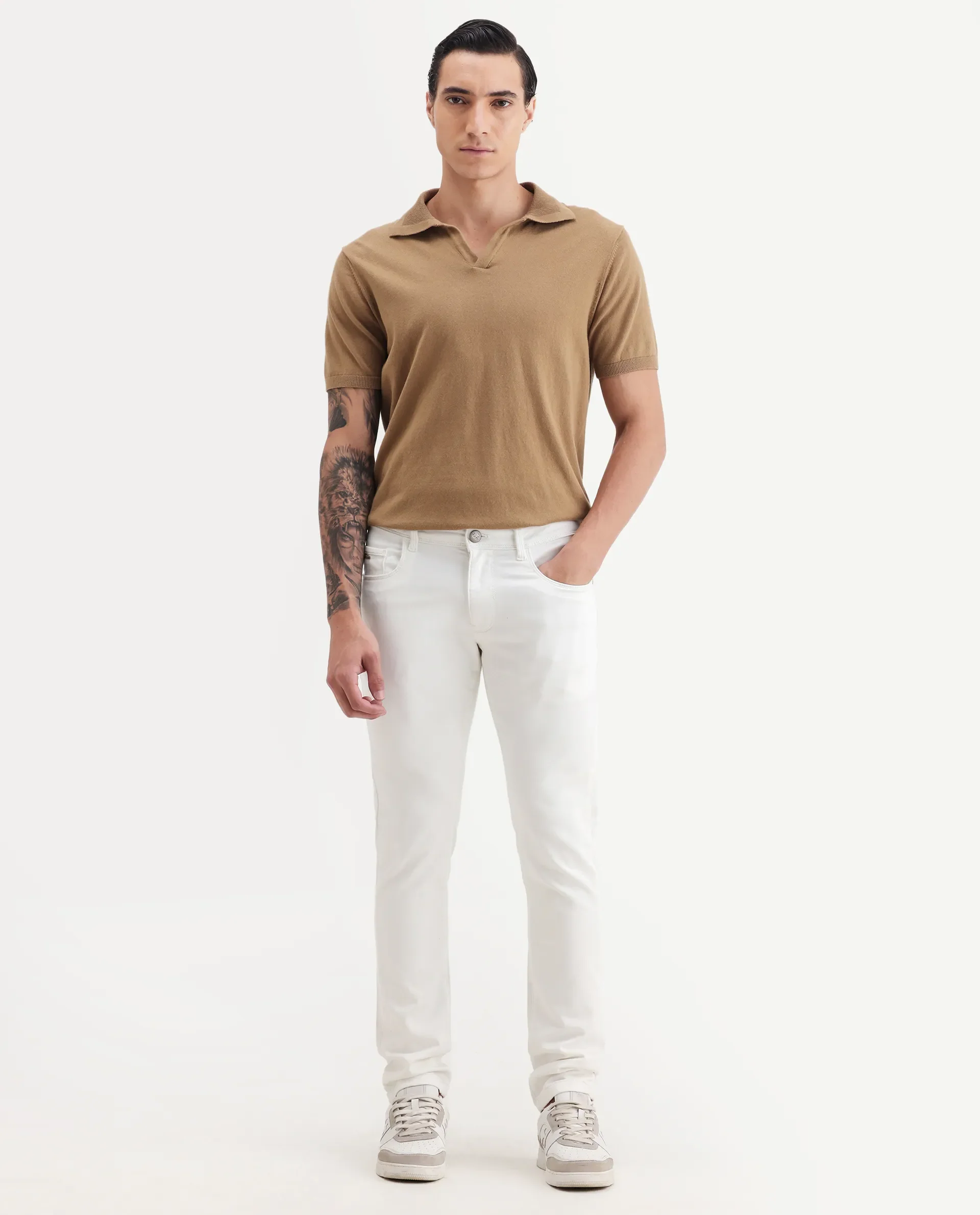 Rare Rabbit Men's Rivol Off White Cotton Blend Plain Hawk Slim Fit Jeans - Image 4