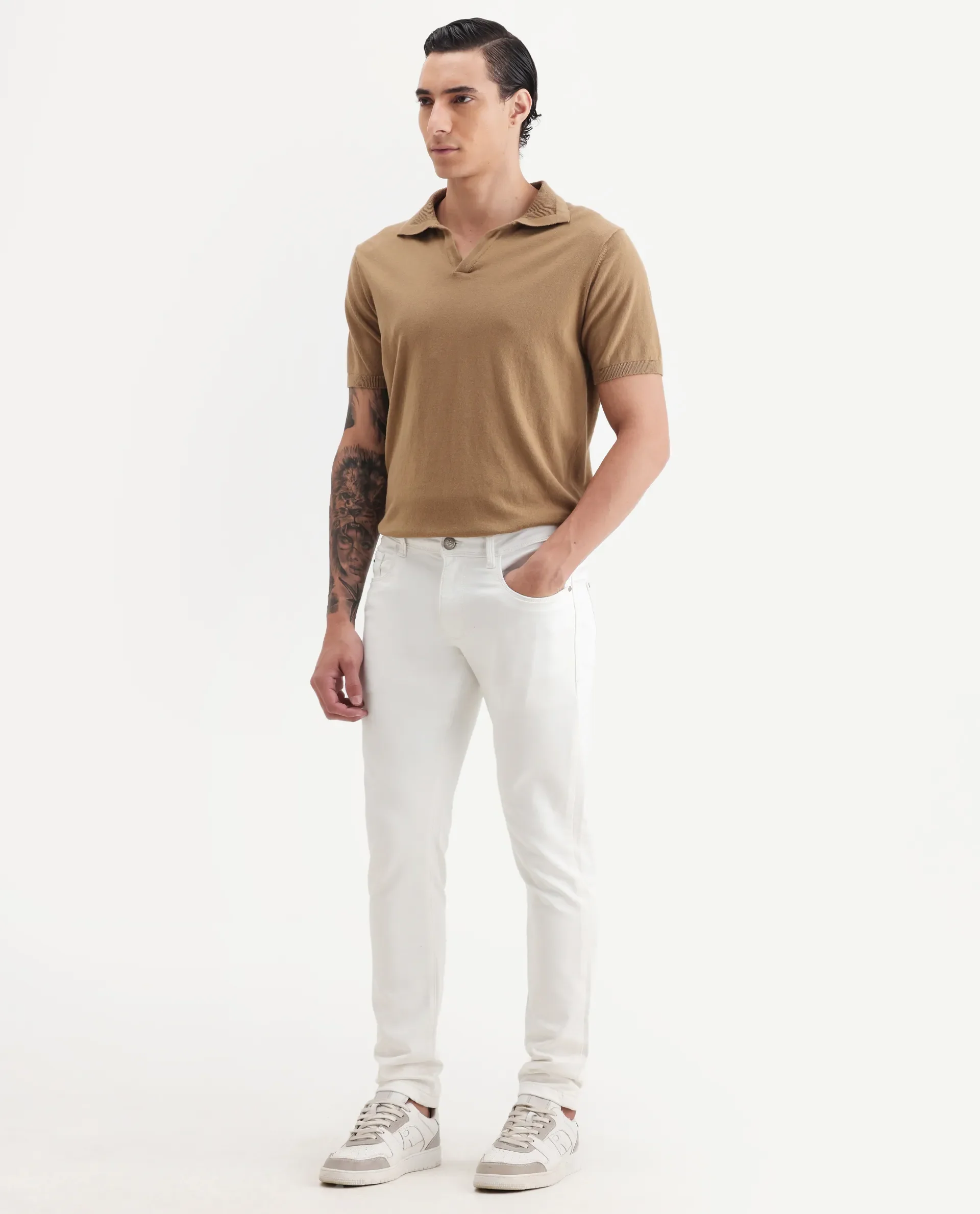 Rare Rabbit Men's Rivol Off White Cotton Blend Plain Hawk Slim Fit Jeans - Image 5