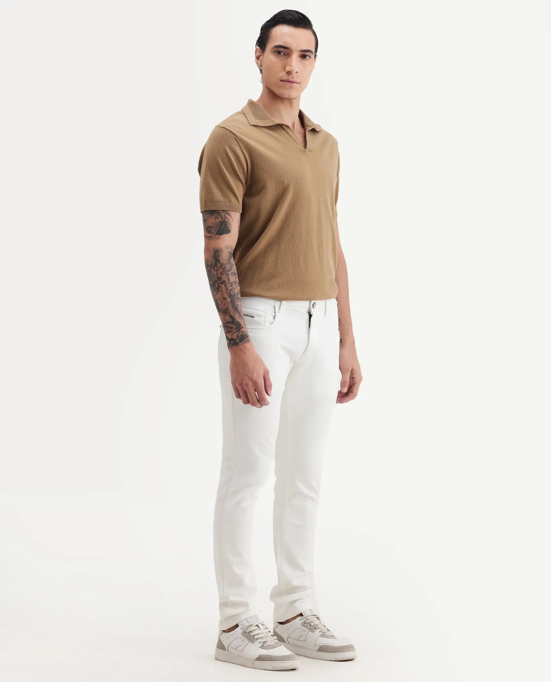 Rare Rabbit Men's Rivol Off White Cotton Blend Plain Hawk Slim Fit Jeans - Image 6