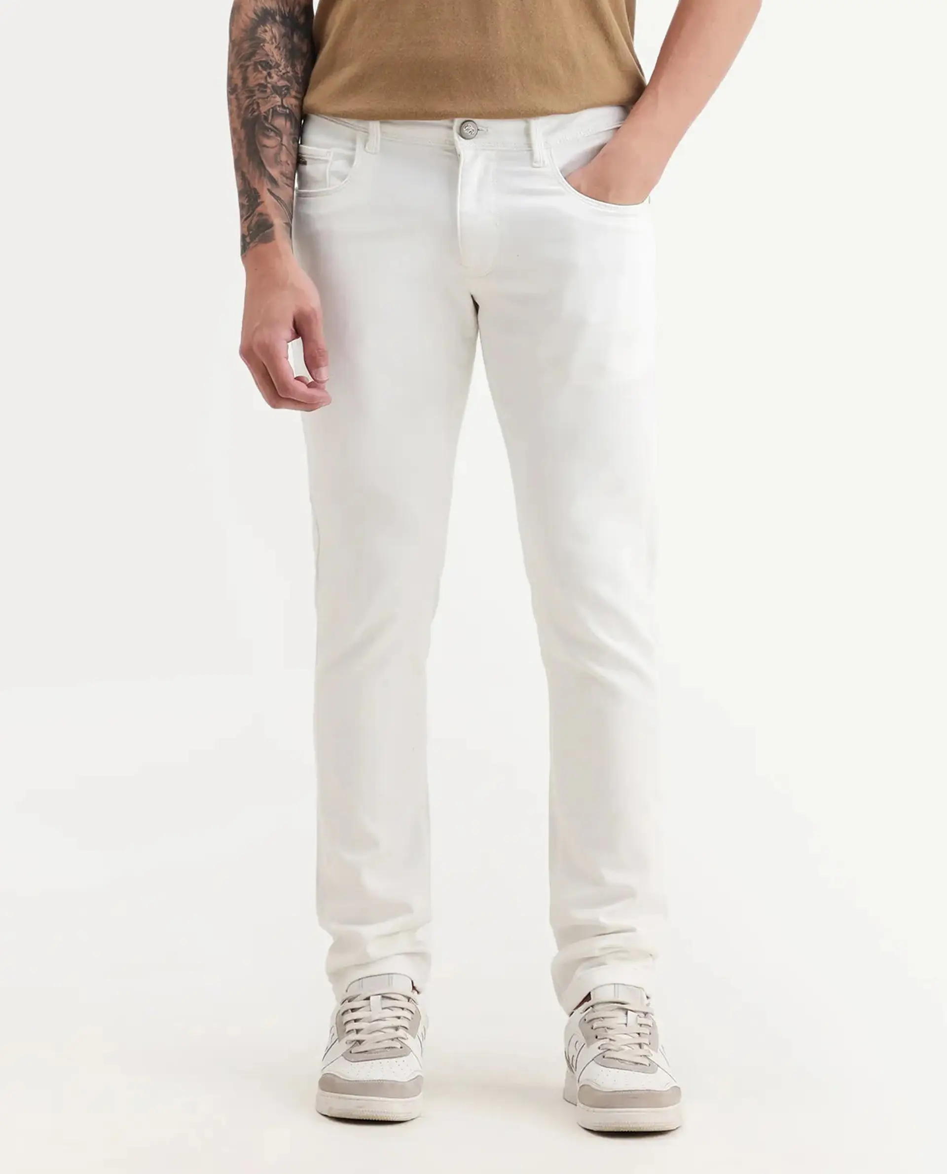 Rare Rabbit Men's Rivol Off White Cotton Blend Plain Hawk Slim Fit Jeans - Image 8