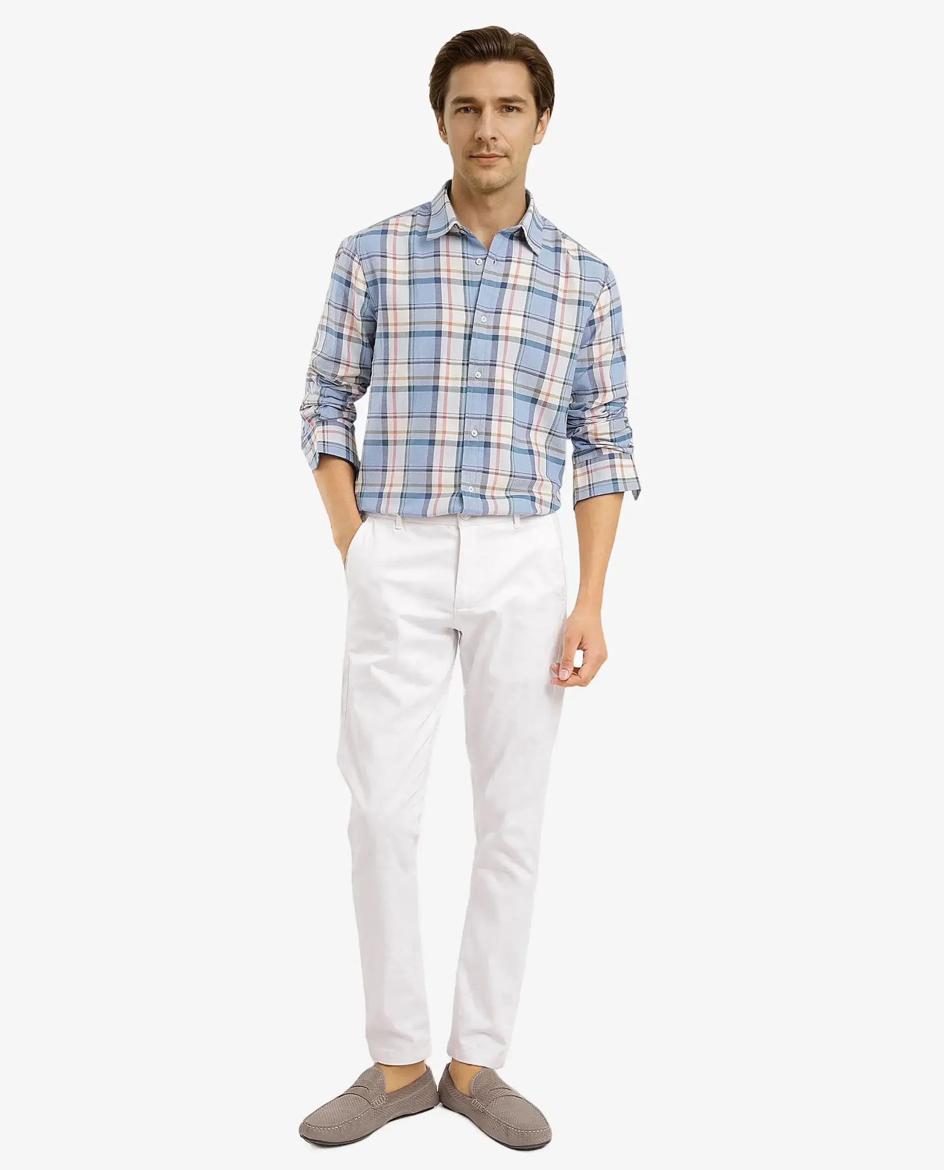 Rare Rabbit Men's Rix Light Blue Cotton Checked Print Regular Fit Full Sleeve Collared Shirt - Image 2