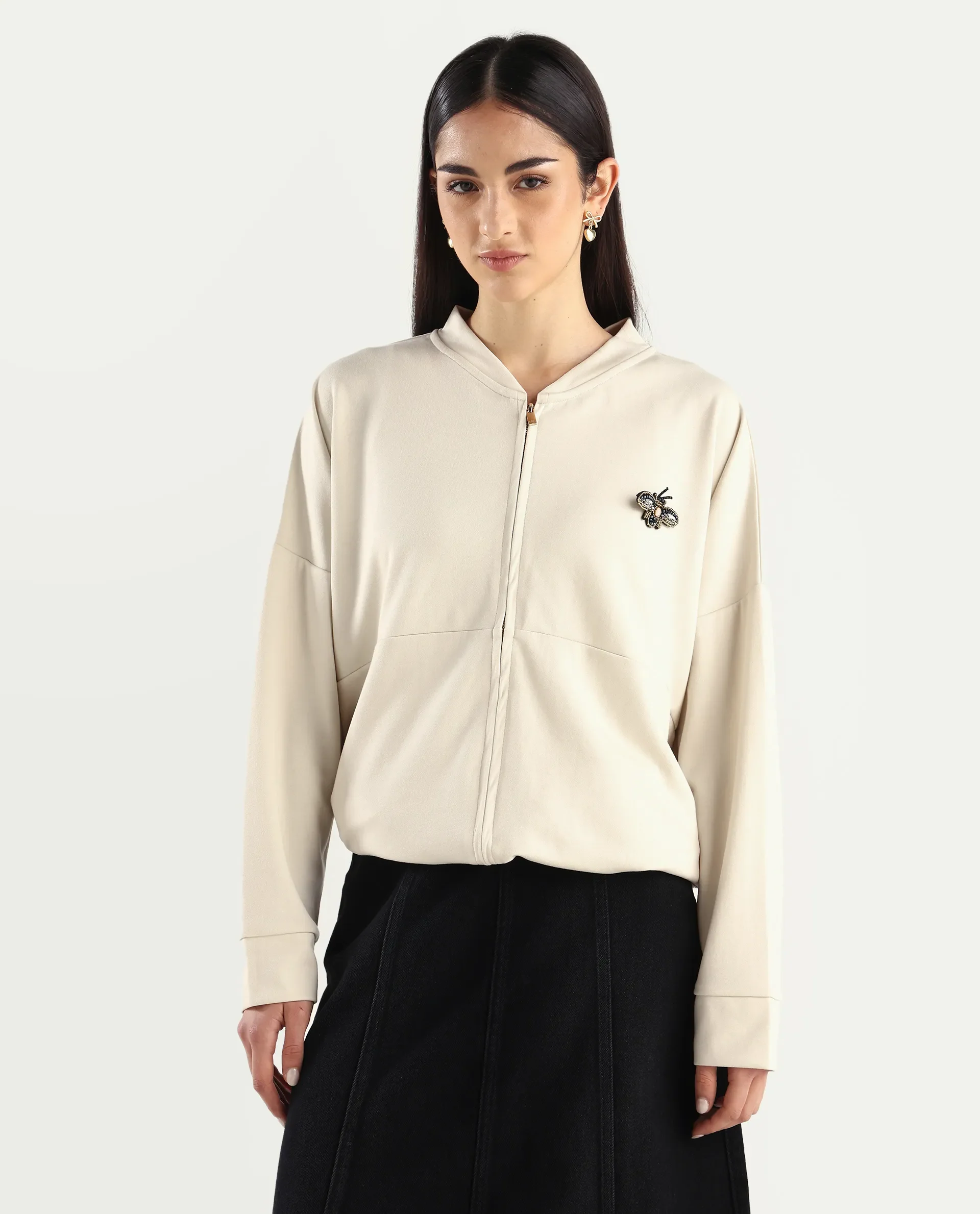 Rareism Women's Rize Off White Modal Blend Ribbed Collar Plain Relaxed Fit Sweatshirt - Image 3