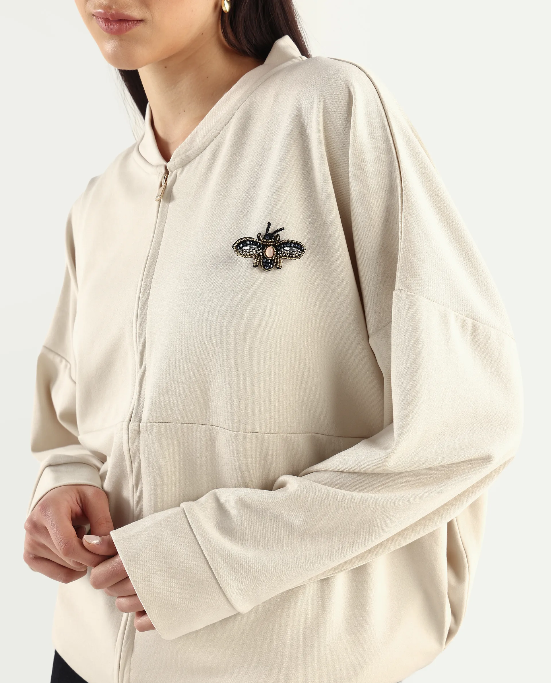 Rareism Women's Rize Off White Modal Blend Ribbed Collar Plain Relaxed Fit Sweatshirt - Image 4