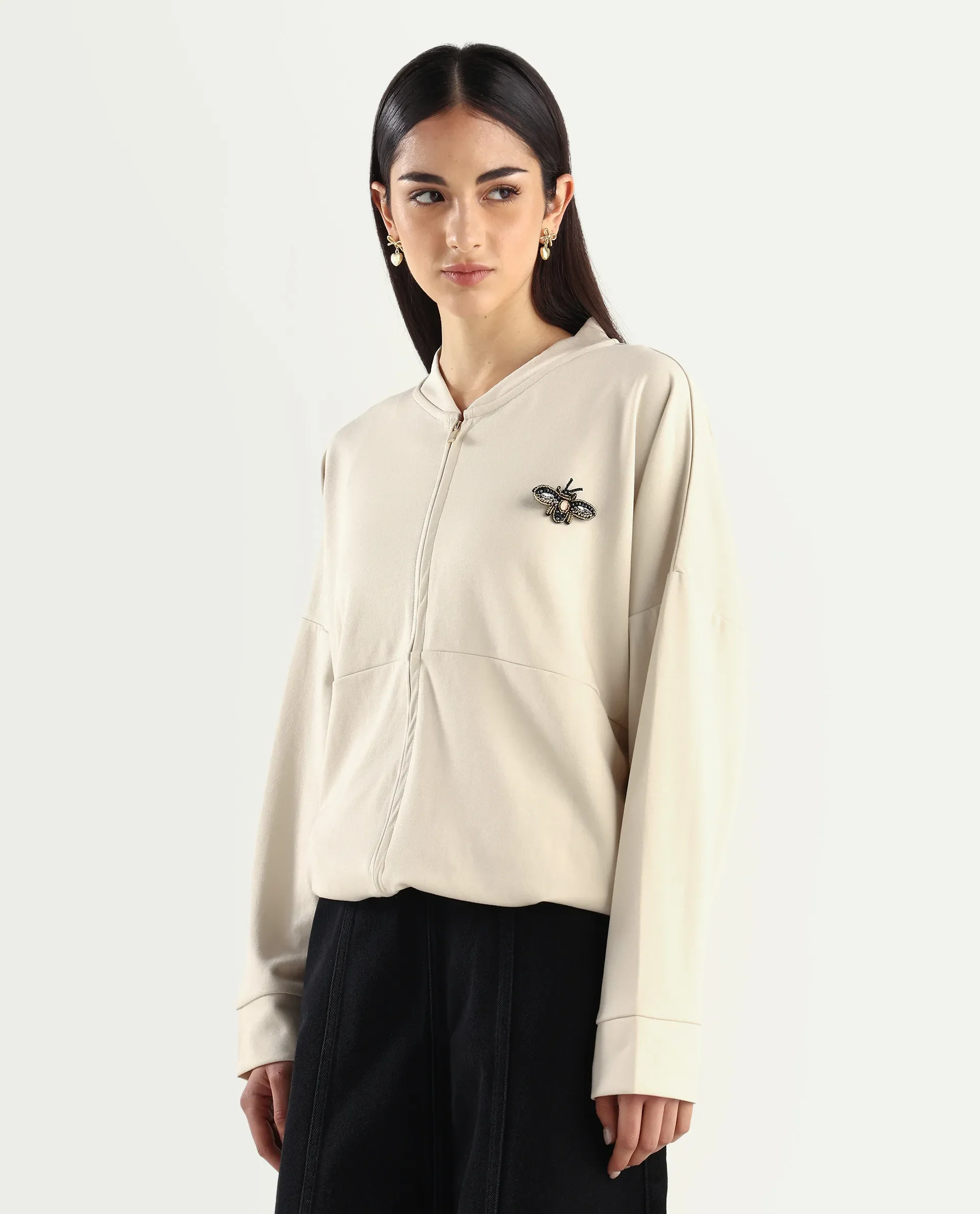 Rareism Women's Rize Off White Modal Blend Ribbed Collar Plain Relaxed Fit Sweatshirt - Image 6