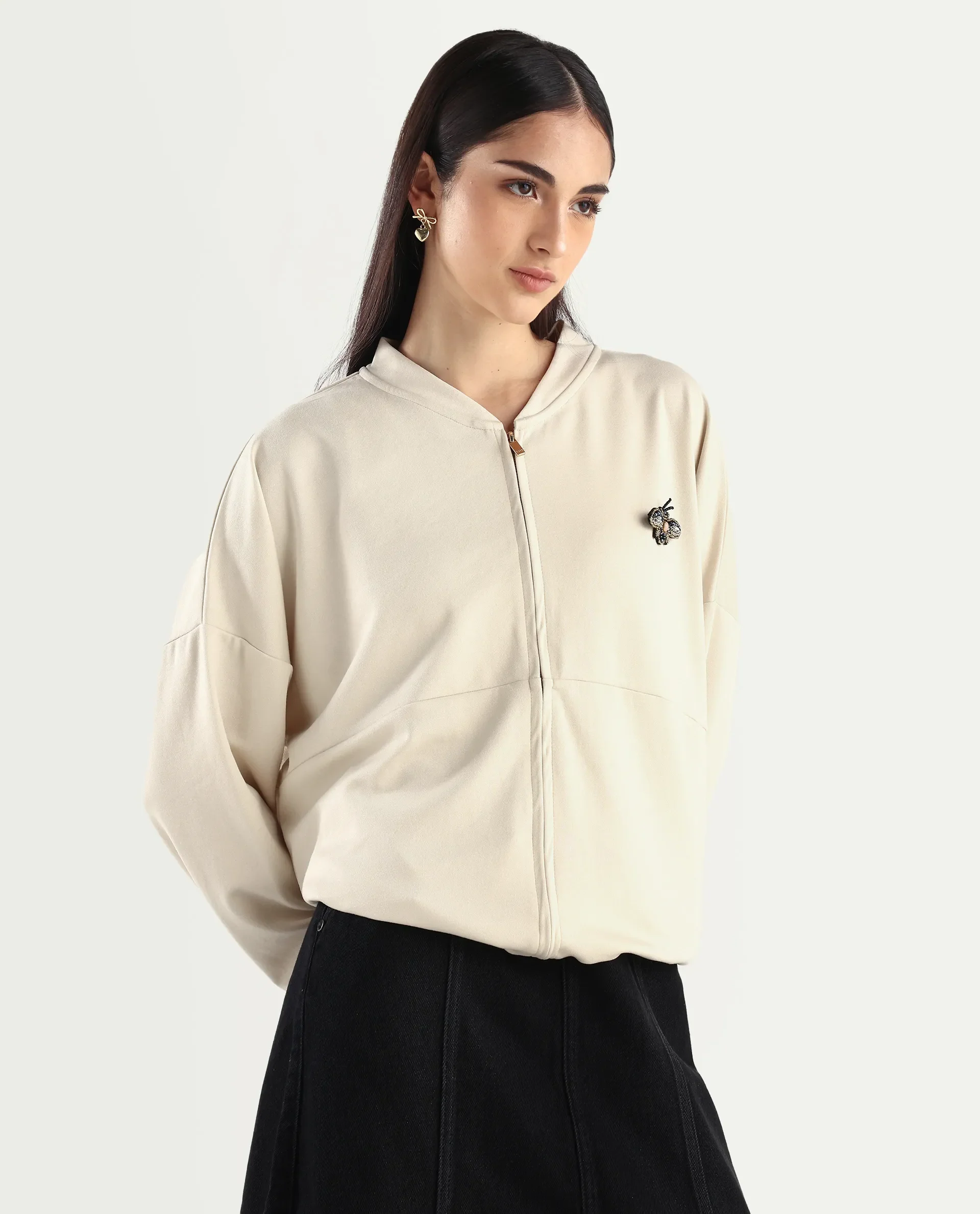 Rareism Women's Rize Off White Modal Blend Ribbed Collar Plain Relaxed Fit Sweatshirt - Image 7