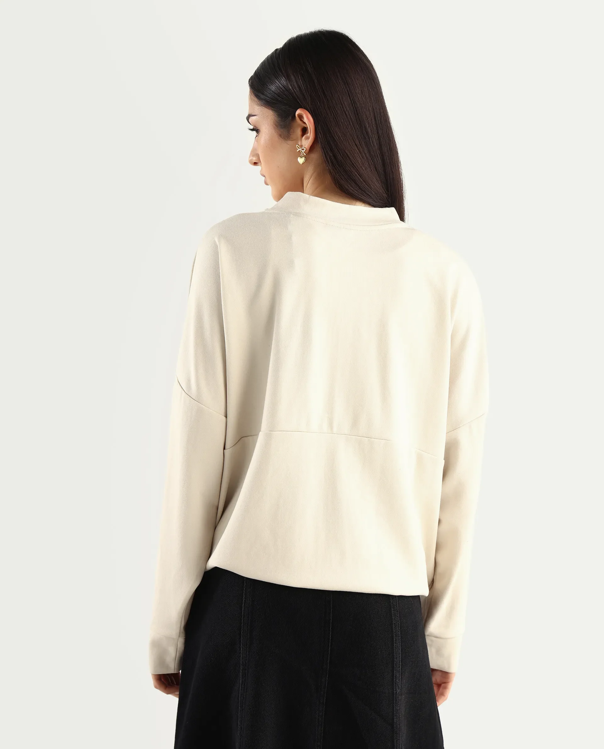 Rareism Women's Rize Off White Modal Blend Ribbed Collar Plain Relaxed Fit Sweatshirt - Image 8