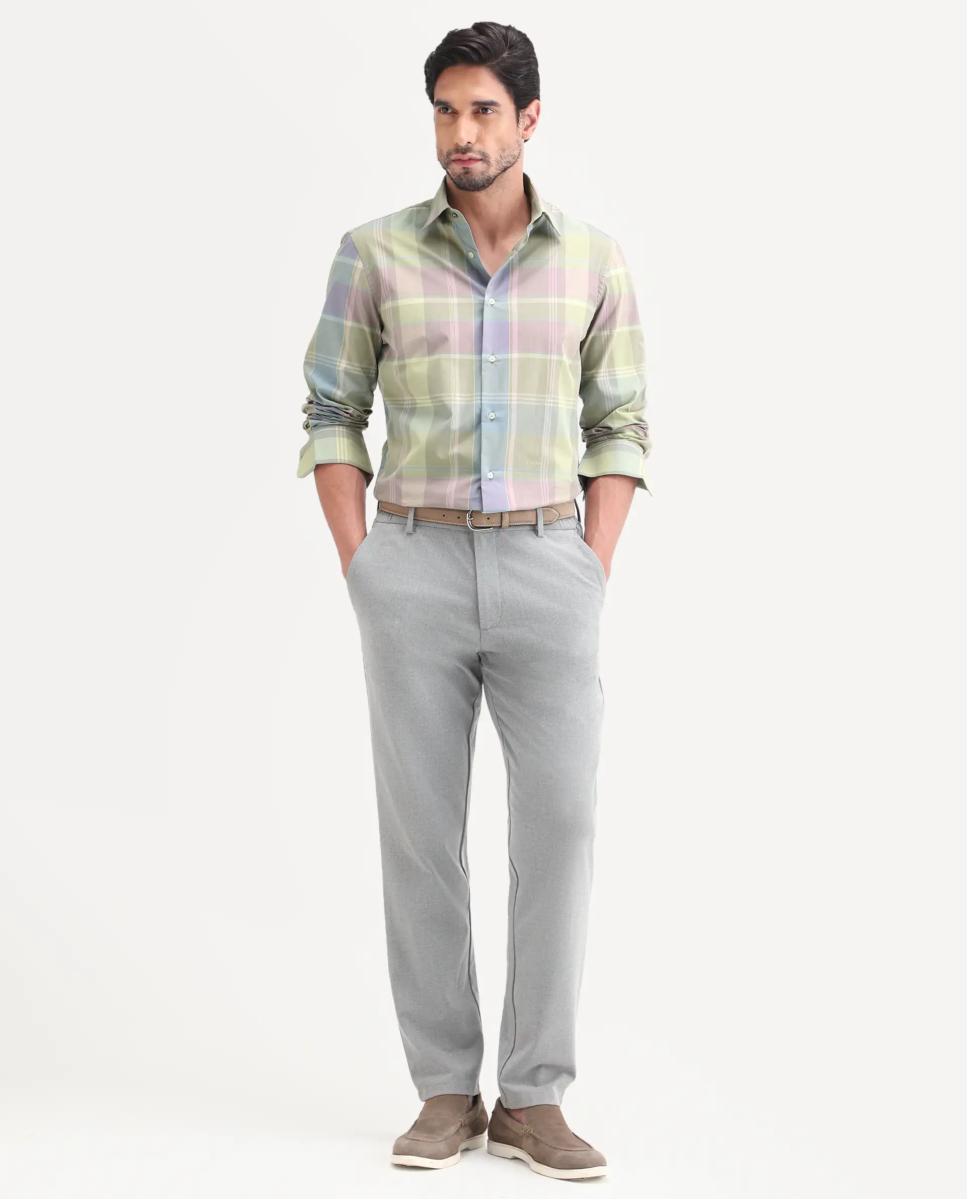 Rare Rabbit Men's Rizi Light Green Cotton Full Sleeve Spread Collar Regular Fit Checked Shirt - Image 2