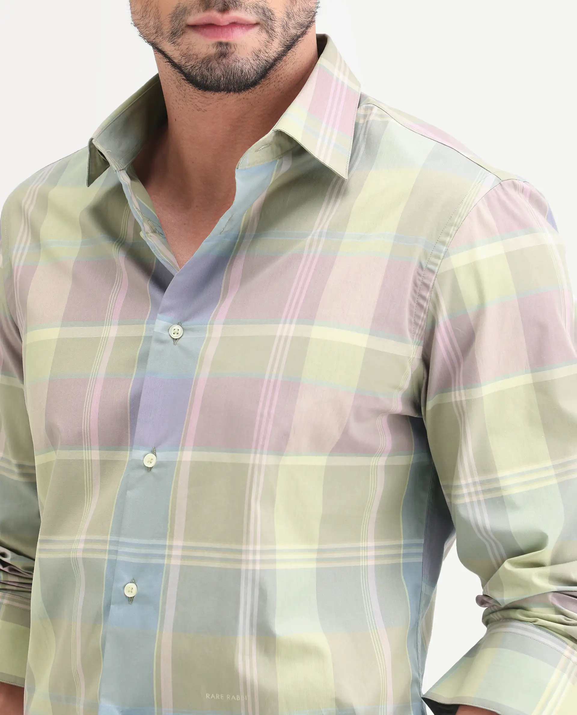 Rare Rabbit Men's Rizi Light Green Cotton Full Sleeve Spread Collar Regular Fit Checked Shirt - Image 3
