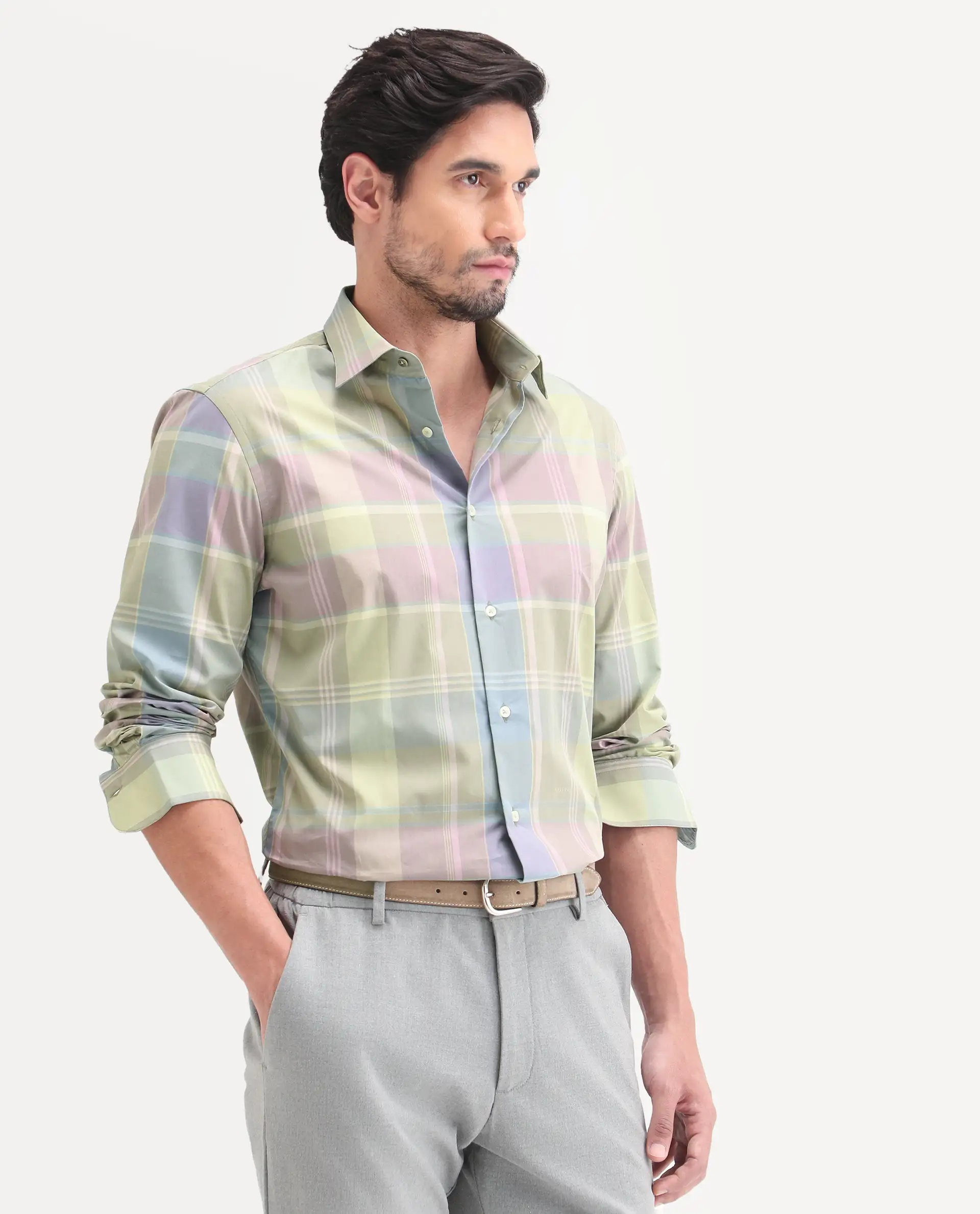 Rare Rabbit Men's Rizi Light Green Cotton Full Sleeve Spread Collar Regular Fit Checked Shirt - Image 4
