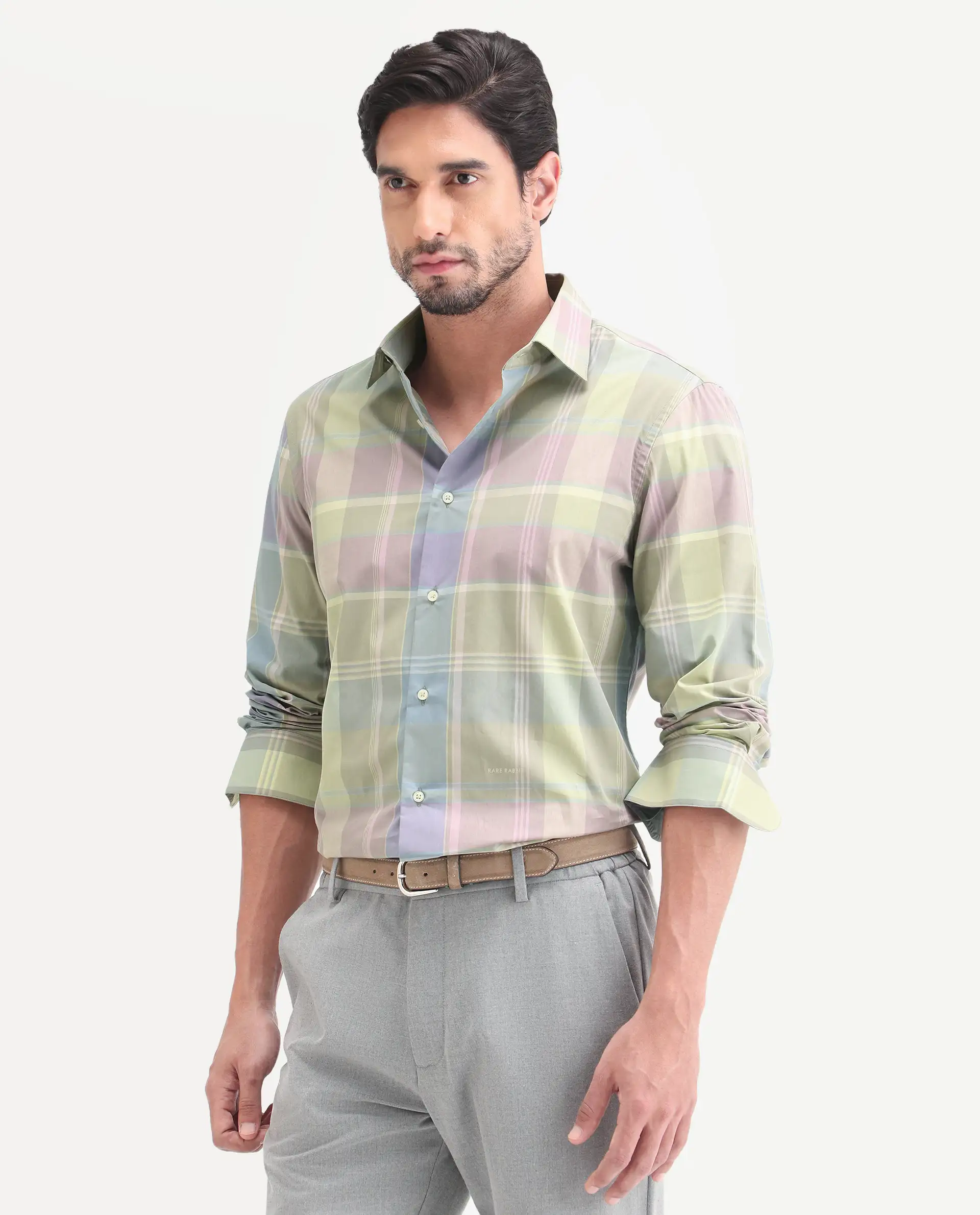 Rare Rabbit Men's Rizi Light Green Cotton Full Sleeve Spread Collar Regular Fit Checked Shirt - Image 5