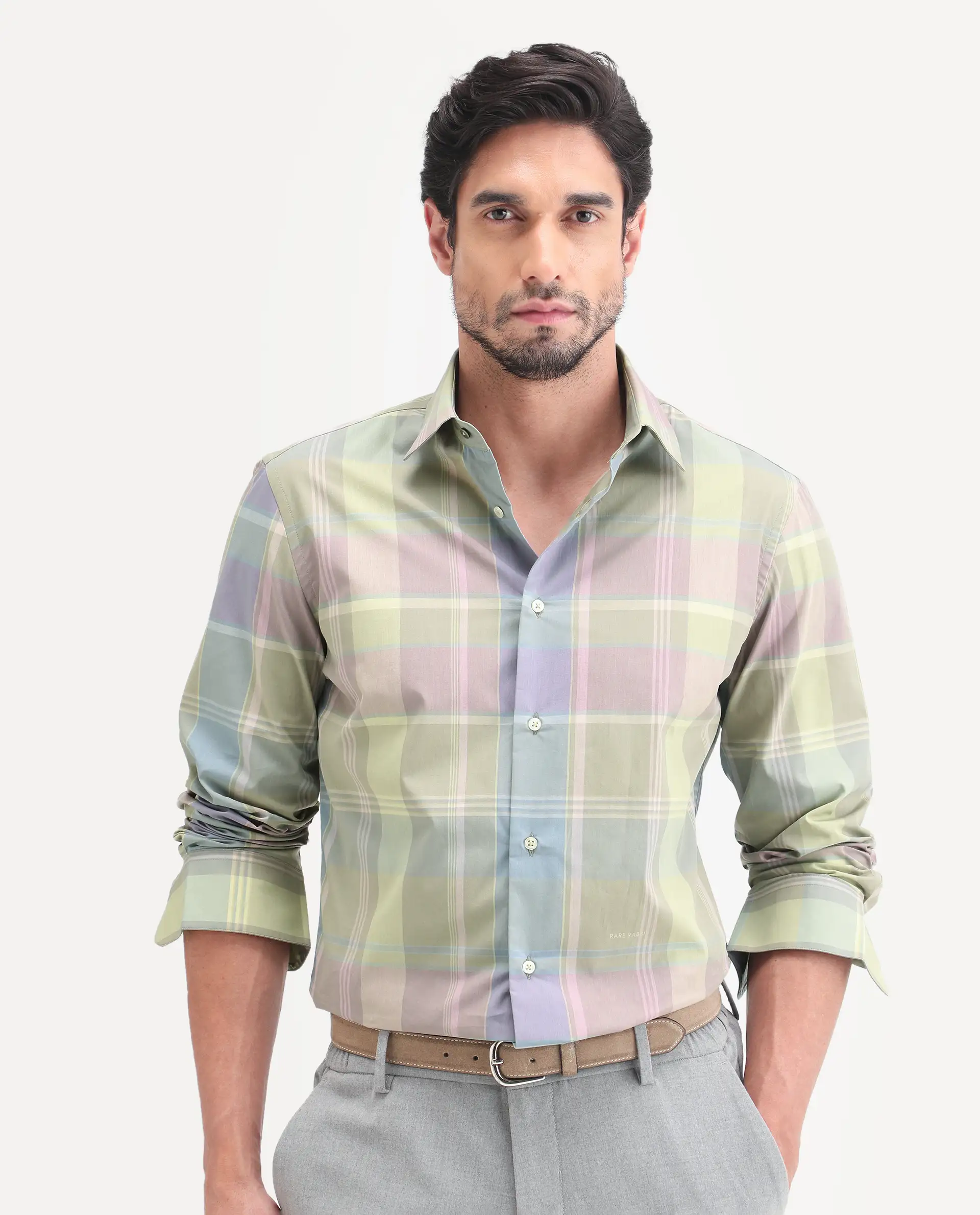 Rare Rabbit Men's Rizi Light Green Cotton Full Sleeve Spread Collar Regular Fit Checked Shirt - Image 6