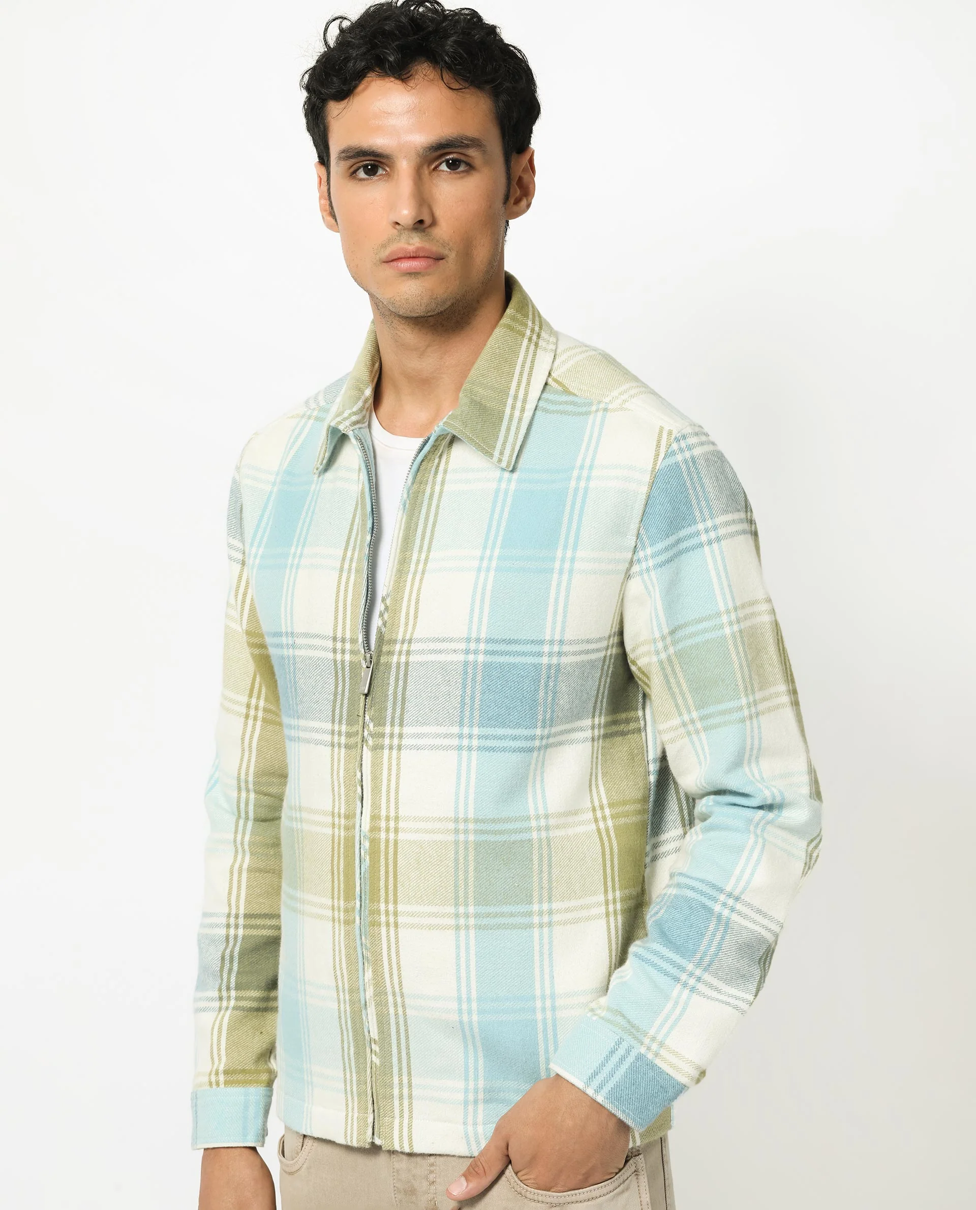 Rare Rabbit Men's Rizo Blue Cotton Checked Print Relaxed Fit Full Sleeve Collared Shacket - Image 2