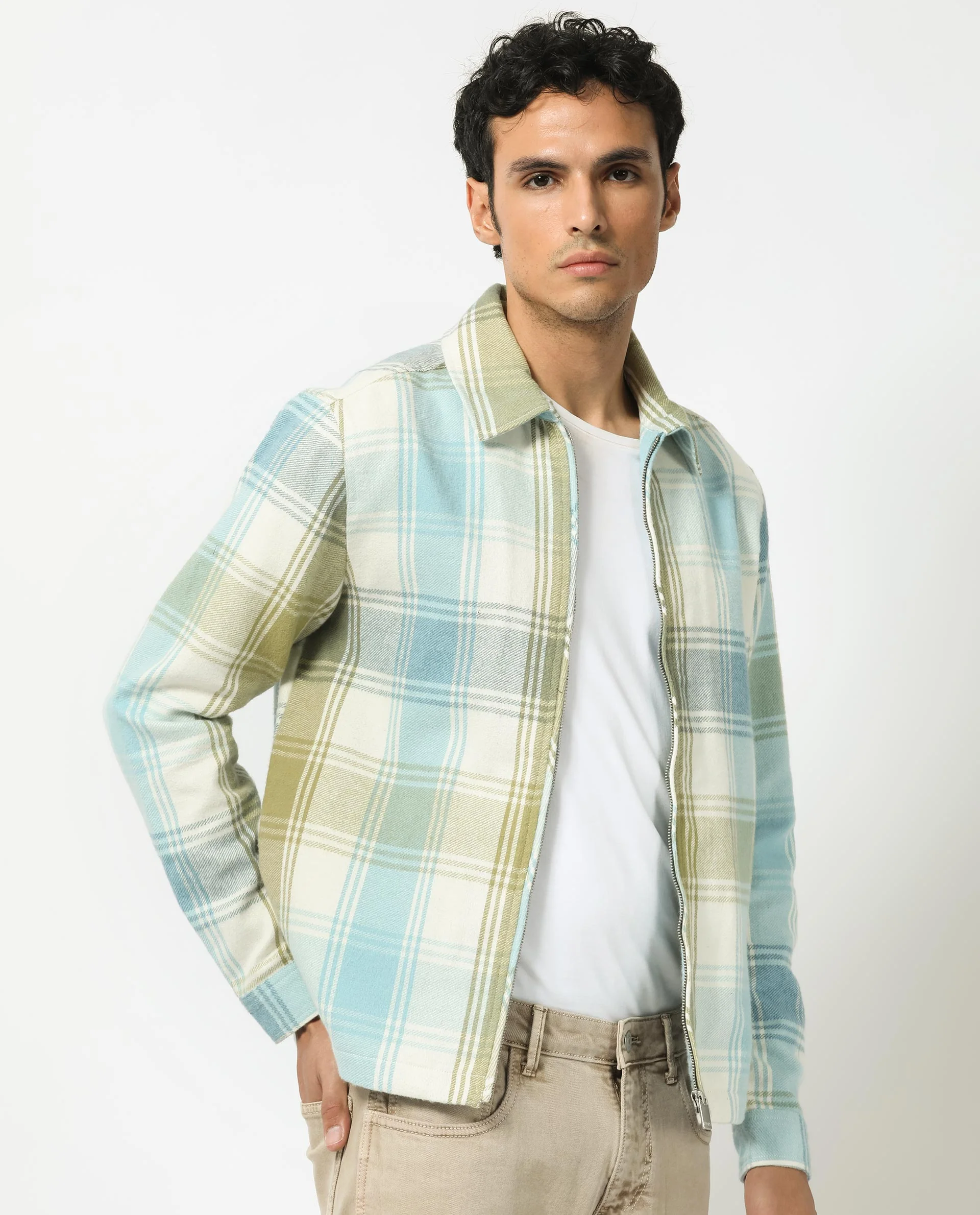 Rare Rabbit Men's Rizo Blue Cotton Checked Print Relaxed Fit Full Sleeve Collared Shacket - Image 3