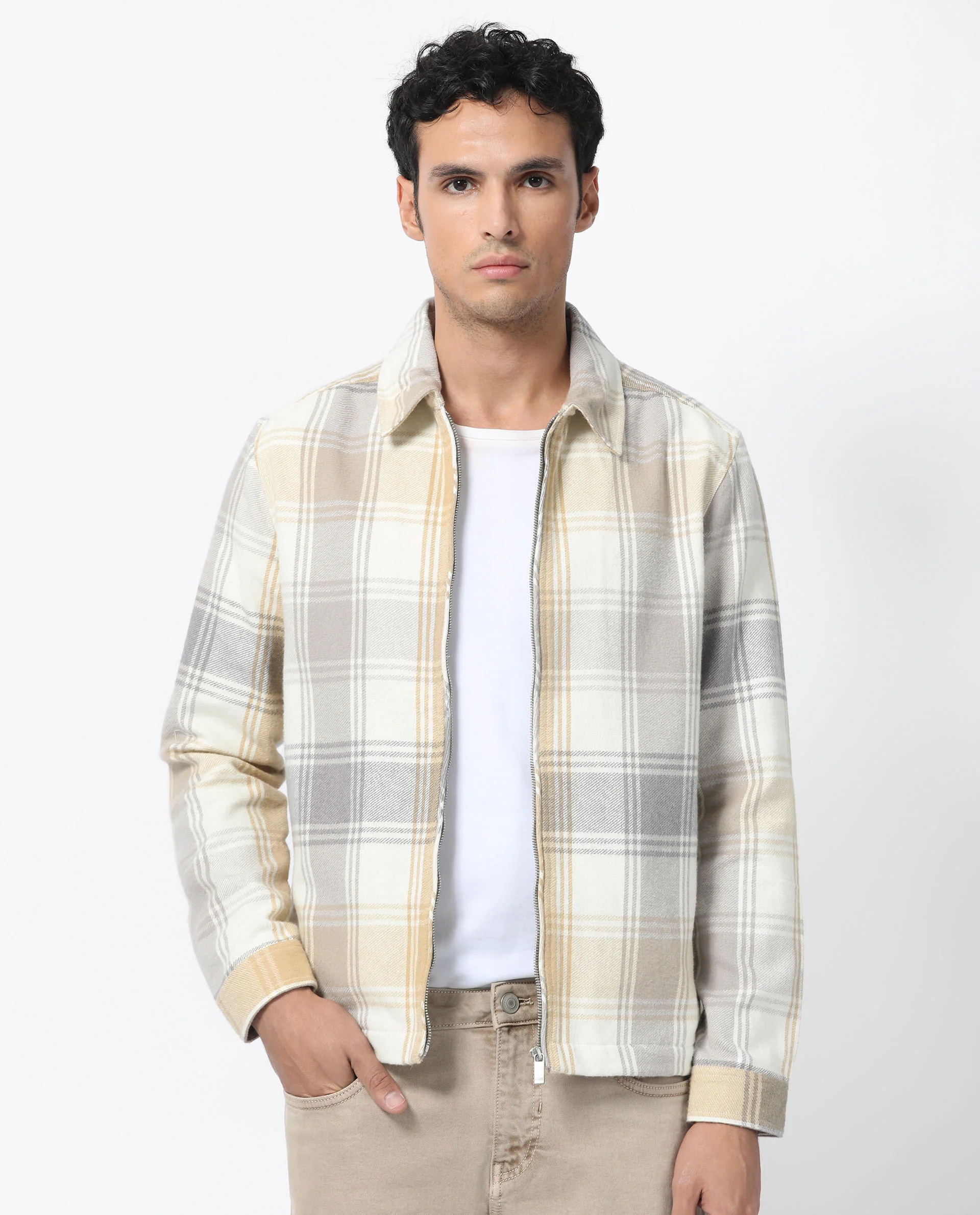 Rare Rabbit Men's Rizo Light Brown Cotton Checked Print Relaxed Fit Full Sleeve Spread Collar Shacket - Image 2
