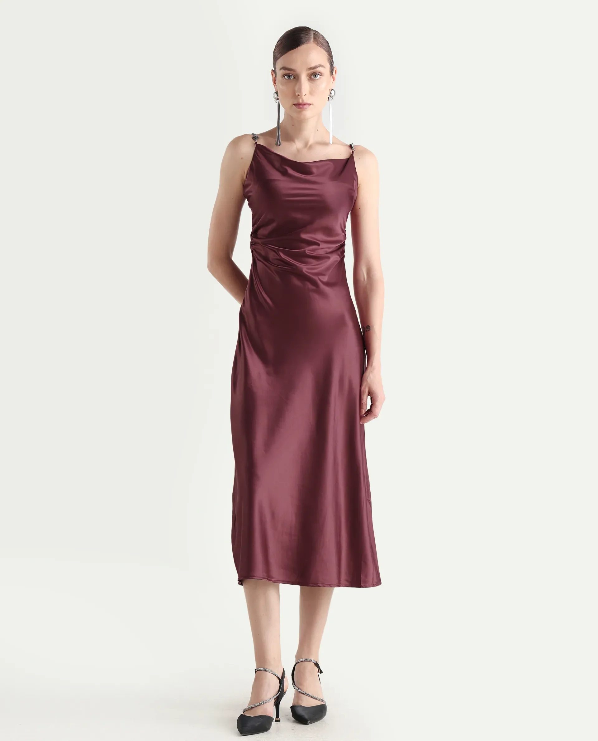 Rareism Women's Roala Maroon Satin Shoulder Strap Plain Sleeveless Maxi Fitted Dress - Image 2