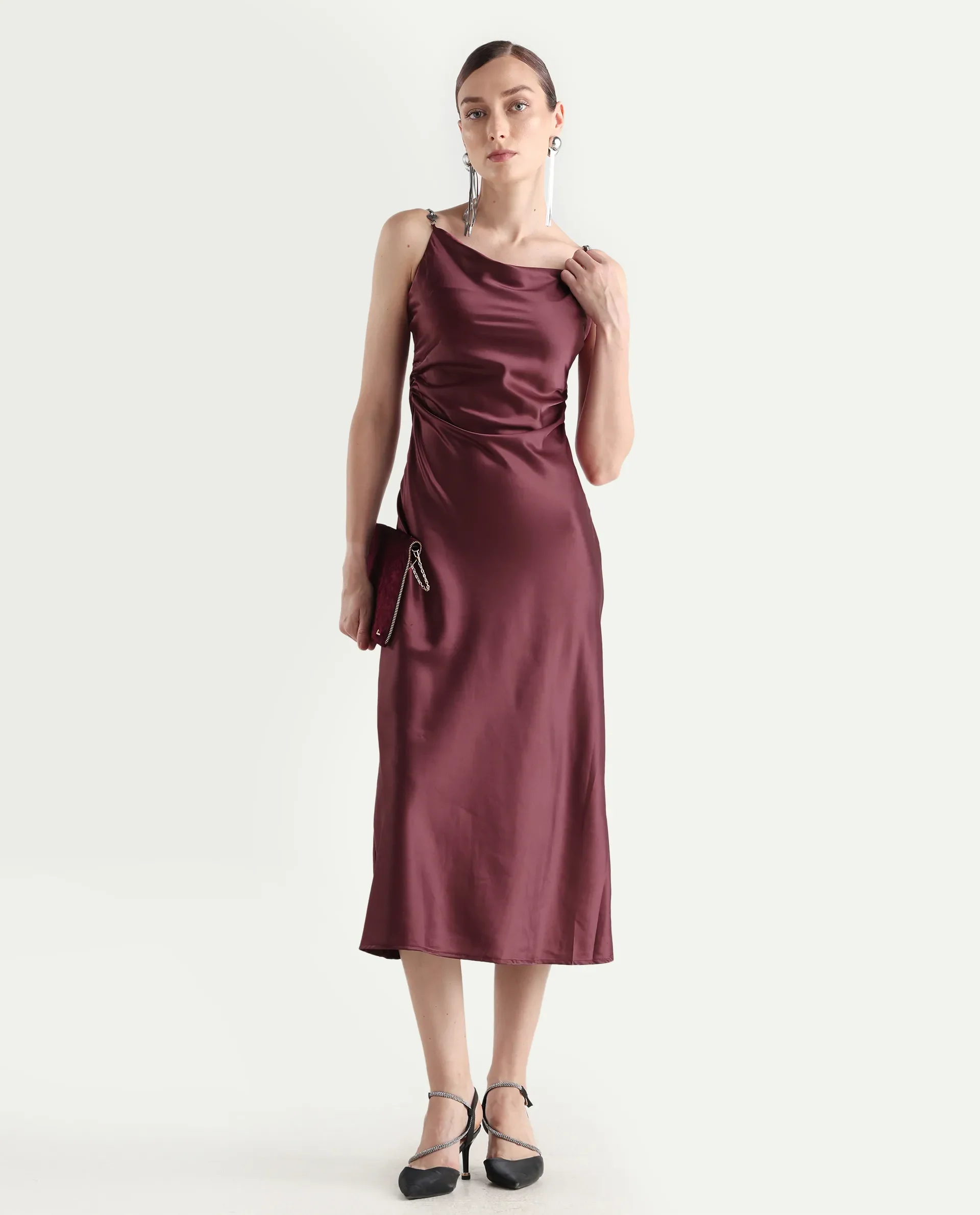 Rareism Women's Roala Maroon Satin Shoulder Strap Plain Sleeveless Maxi Fitted Dress - Image 3
