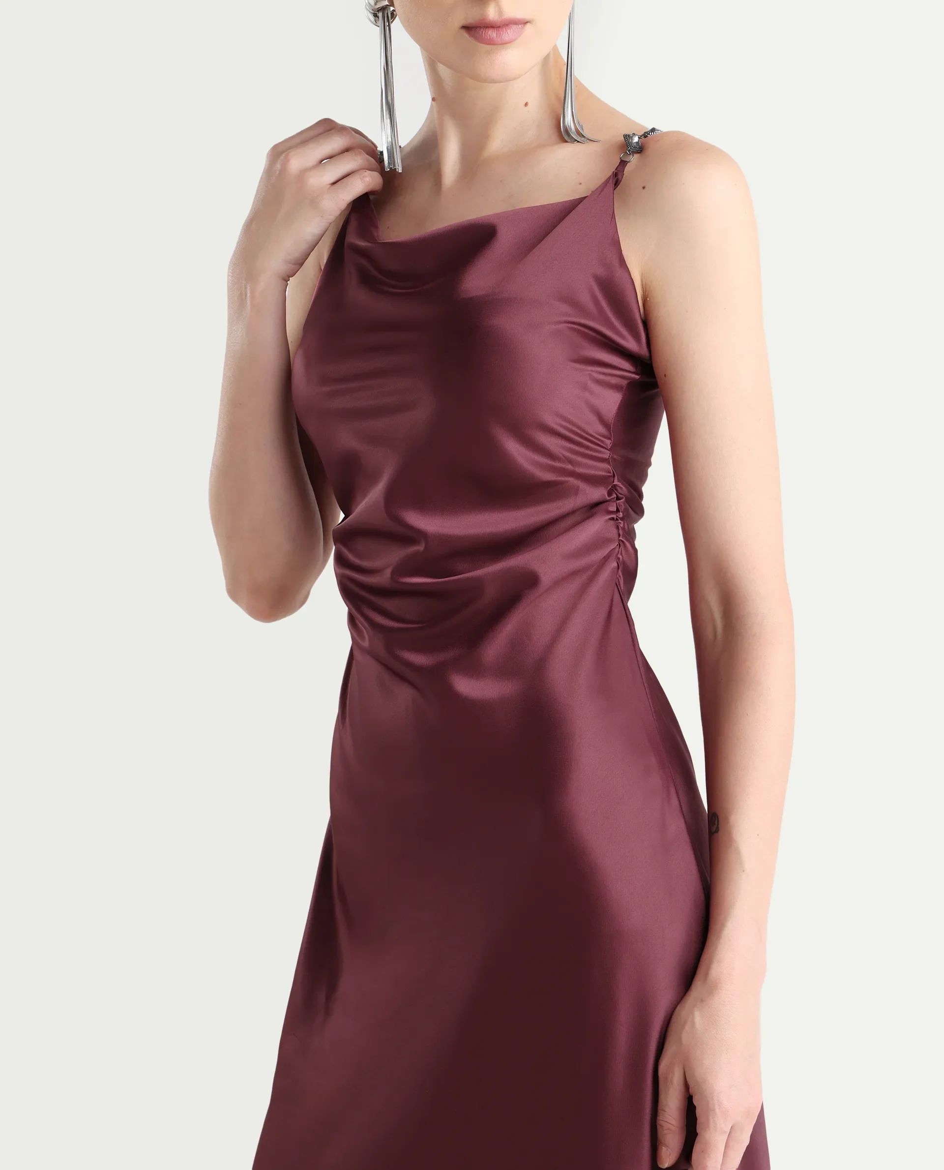 Rareism Women's Roala Maroon Satin Shoulder Strap Plain Sleeveless Maxi Fitted Dress - Image 4