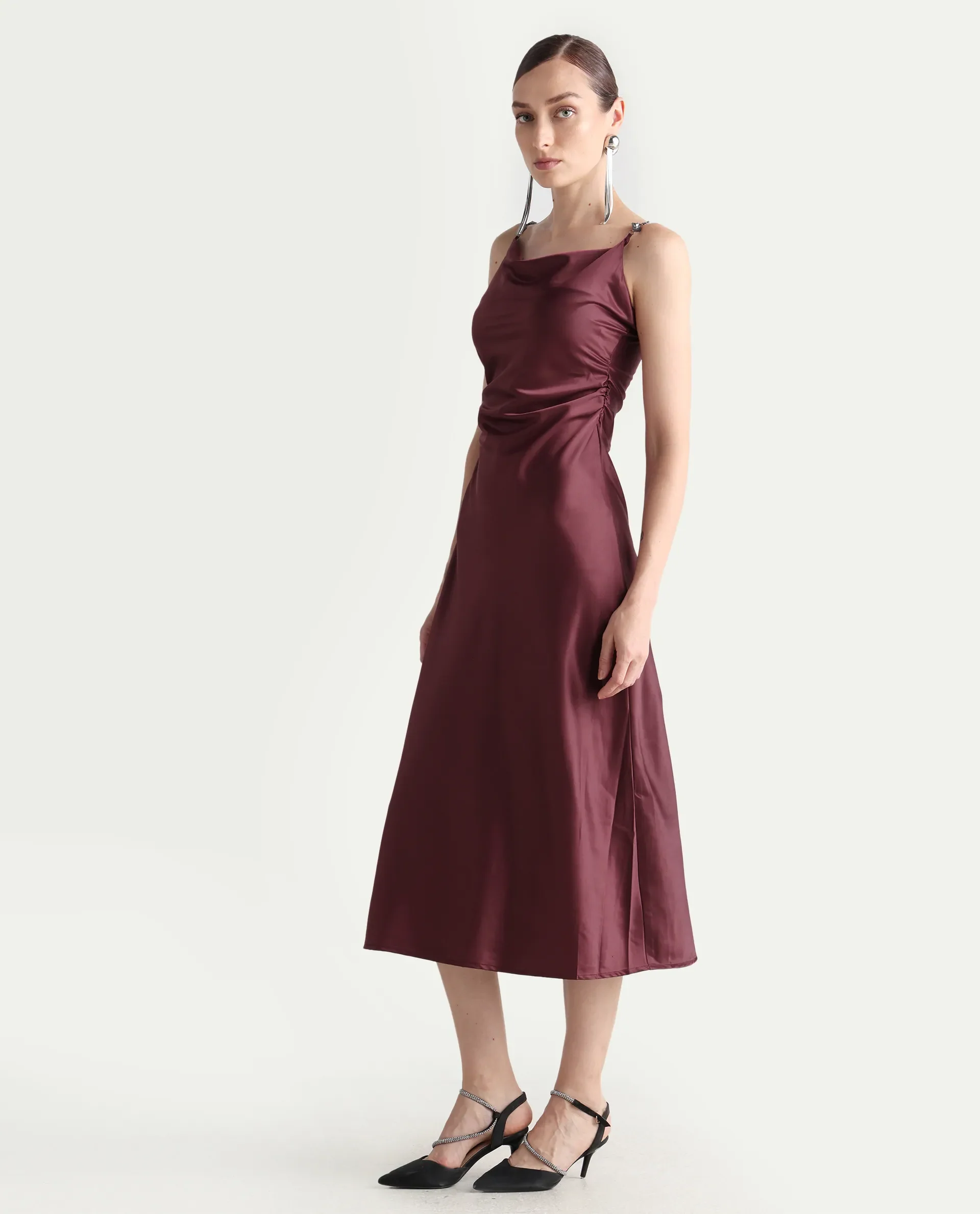 Rareism Women's Roala Maroon Satin Shoulder Strap Plain Sleeveless Maxi Fitted Dress - Image 5