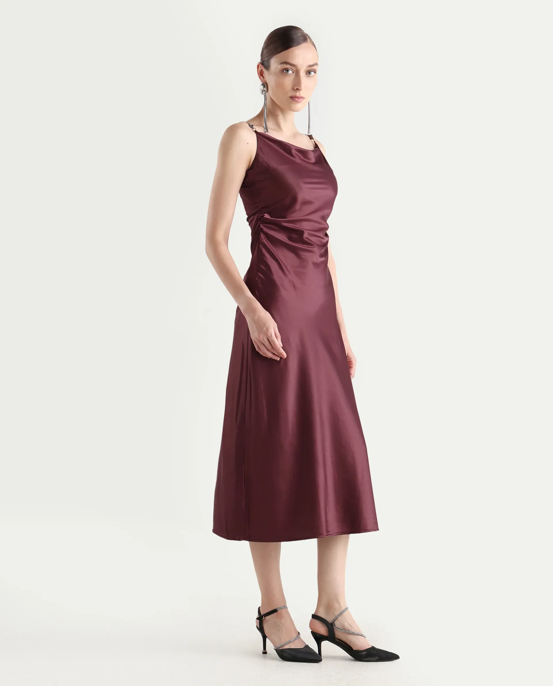Rareism Women's Roala Maroon Satin Shoulder Strap Plain Sleeveless Maxi Fitted Dress - Image 6