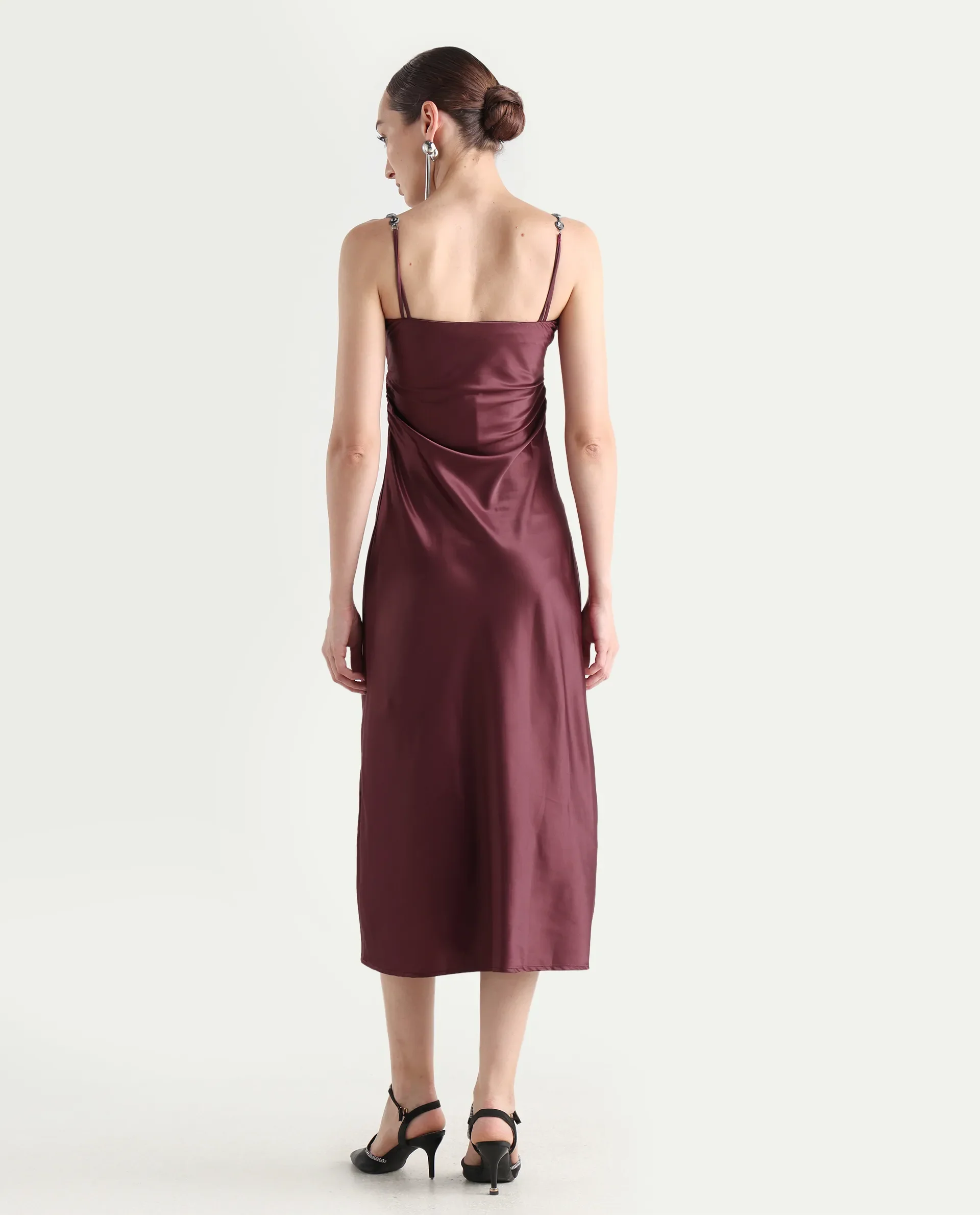 Rareism Women's Roala Maroon Satin Shoulder Strap Plain Sleeveless Maxi Fitted Dress - Image 7