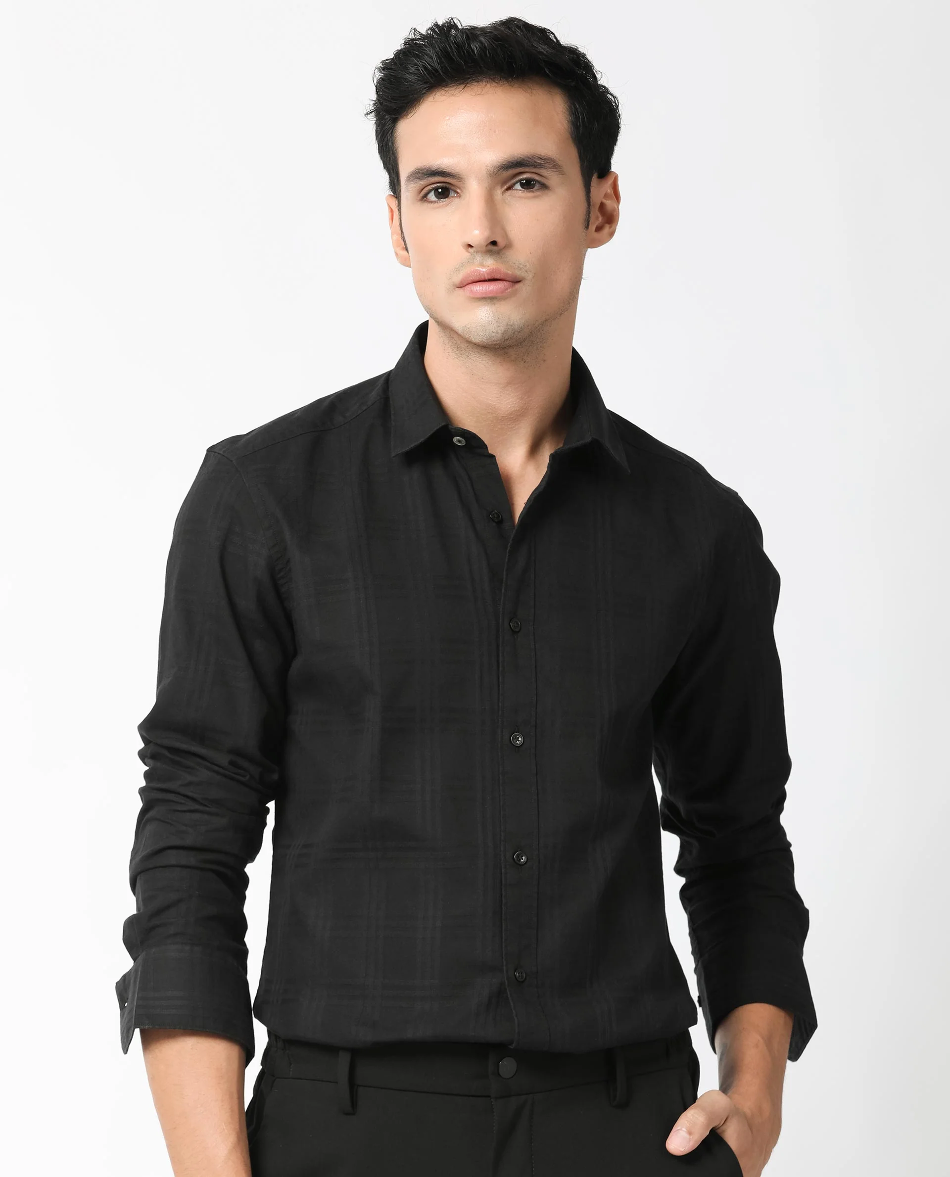 Rare Rabbit Men's Roar Black Cotton Checked Print Regular Fit Full Sleeve Collared Shirt - Image 2