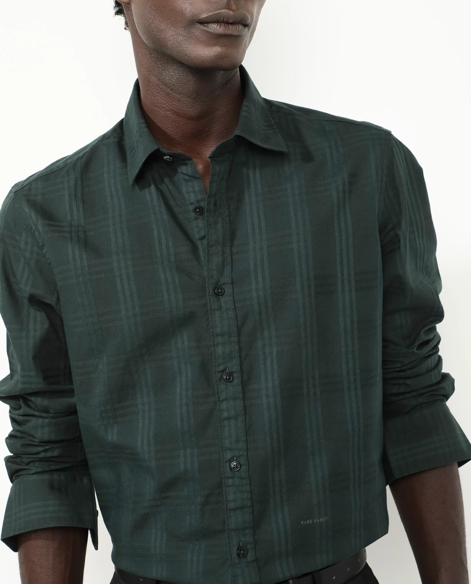Rare Rabbit Men's Roar Dark Green Cotton Checked Print Regular Fit Full Sleeve Collared Shirt - Image 3