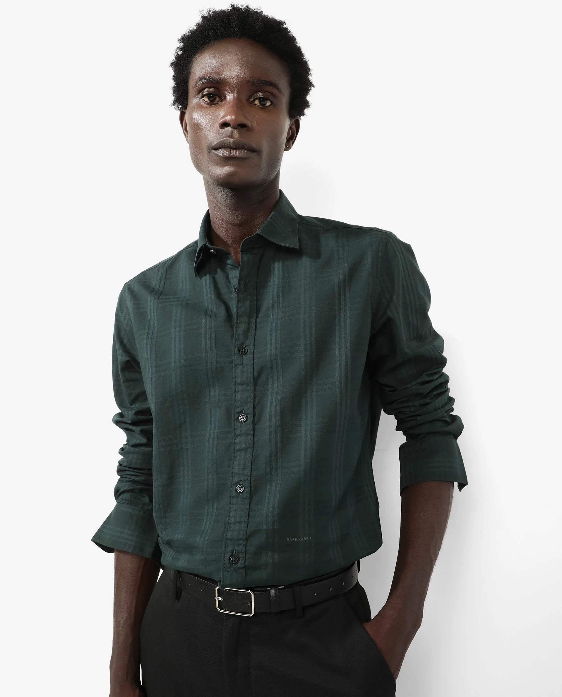 Rare Rabbit Men's Roar Dark Green Cotton Checked Print Regular Fit Full Sleeve Collared Shirt - Image 4